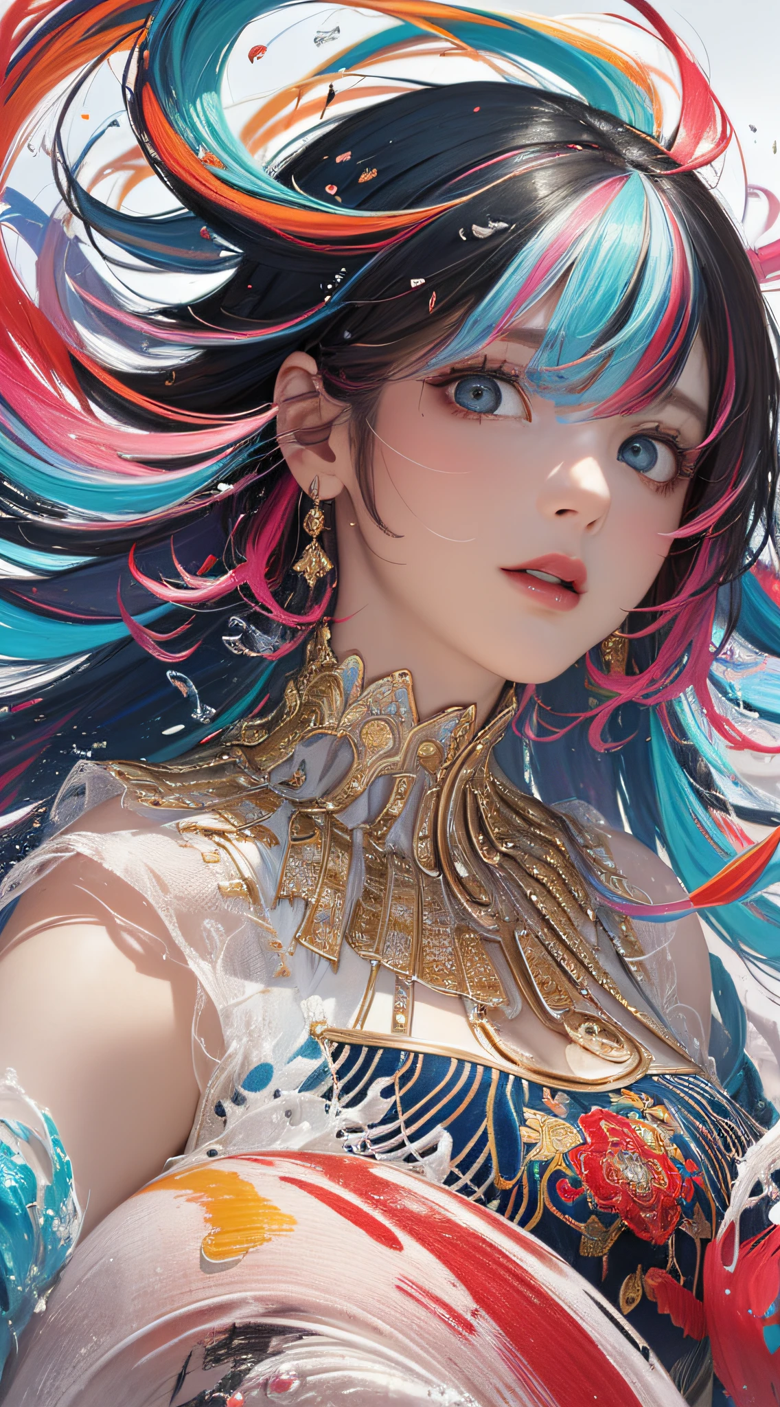 ((((masterpiece))), ((best quality))), ((super detailed)), (illustration), (dynamic angle), ((floating)), (paint), ((loose hair)), (solo), (1girl), (detailed anima face))), ((beautiful detailed face)), ((colored hair)), ((striped hair)), (gradient eyes), (((colored eyes))), (white cloud background))), (((High saturation)))),((Surrounded by colorful splashes)))) Ultra-detailed, beautiful and aesthetic, masterpiece, best quality, most beautiful forms chaotic, elegant, Fauvist design, bright colors, romanticism, Michal Mraz, Adrian Gheny, Petra Cortwright, atmospheric, ecstatic notes, streaming notes visible,