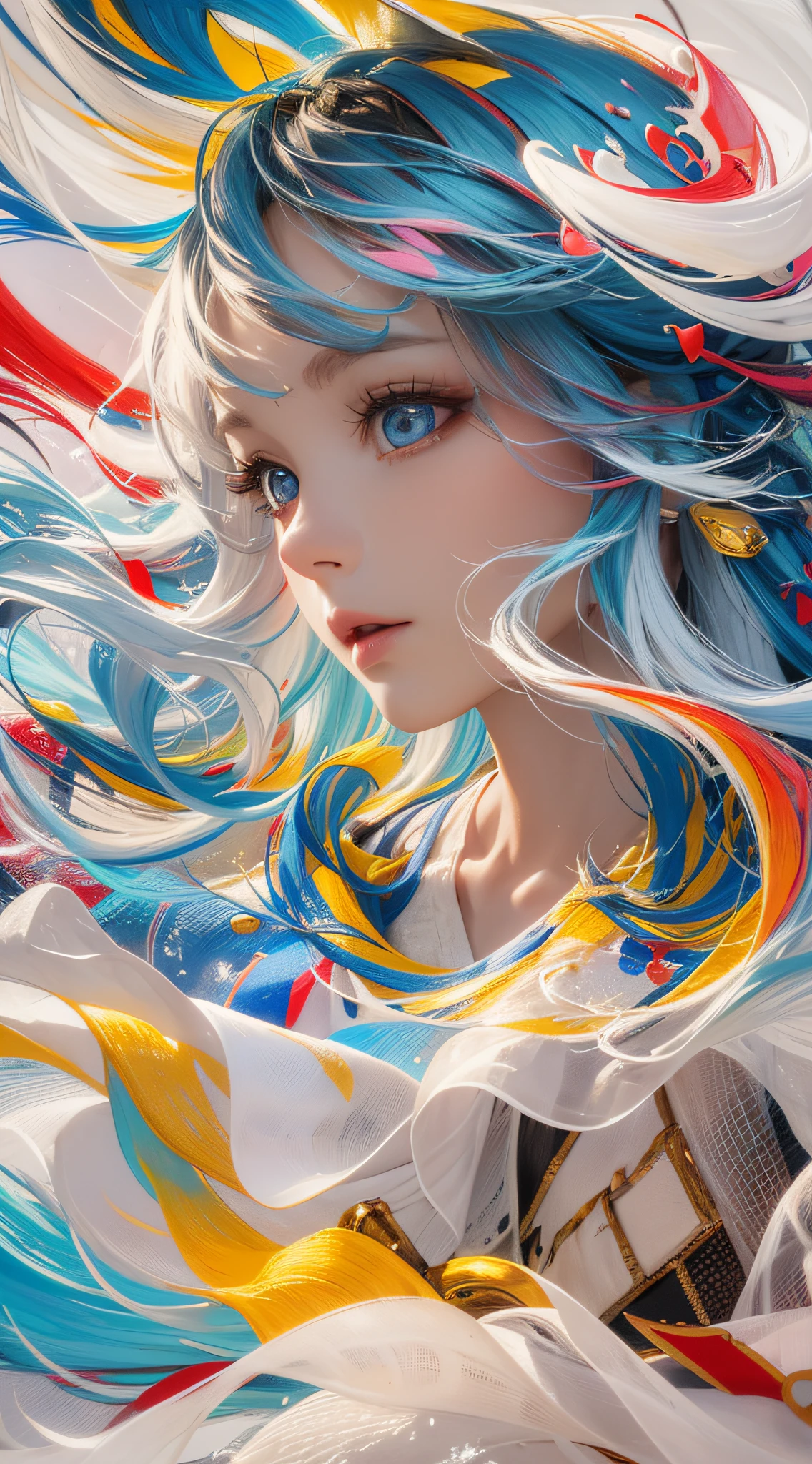 ((((masterpiece))), ((best quality))), ((super detailed)), (illustration), (dynamic angle), ((floating)), (paint), ((loose hair)), (solo), (1girl), (detailed anima face))), ((beautiful detailed face)), ((colored hair)), ((striped hair)), (gradient eyes), (((colored eyes))), (white cloud background))), (((High saturation)))),((Surrounded by colorful splashes)))) Ultra-detailed, beautiful and aesthetic, masterpiece, best quality, most beautiful forms chaotic, elegant, Fauvist design, bright colors, romanticism, Michal Mraz, Adrian Gheny, Petra Cortwright, atmospheric, ecstatic notes, streaming notes visible,