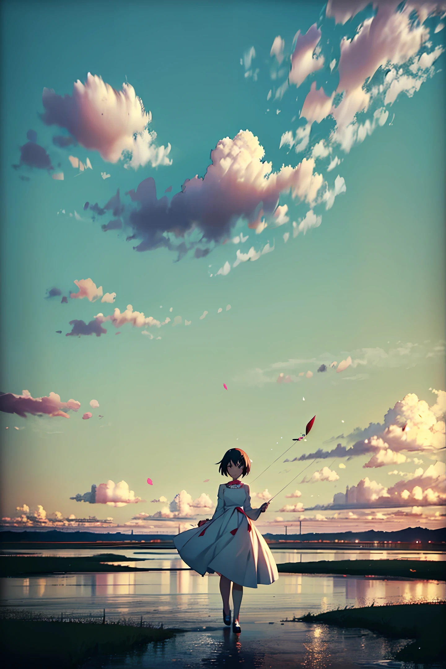 Anime girl in white dress standing in sea with kite, Makoto Shinkai Cyril Roland, anime girl walking on water, anime art wallpaper 4K, anime art wallpaper 4K, anime art wallpaper 8K, wallpaper anime blue water, anime style 4K, beautiful anime artwork, 4k anime wallpaper, anime wallpaper 4k, anime wallpaper 4k watercolor painting