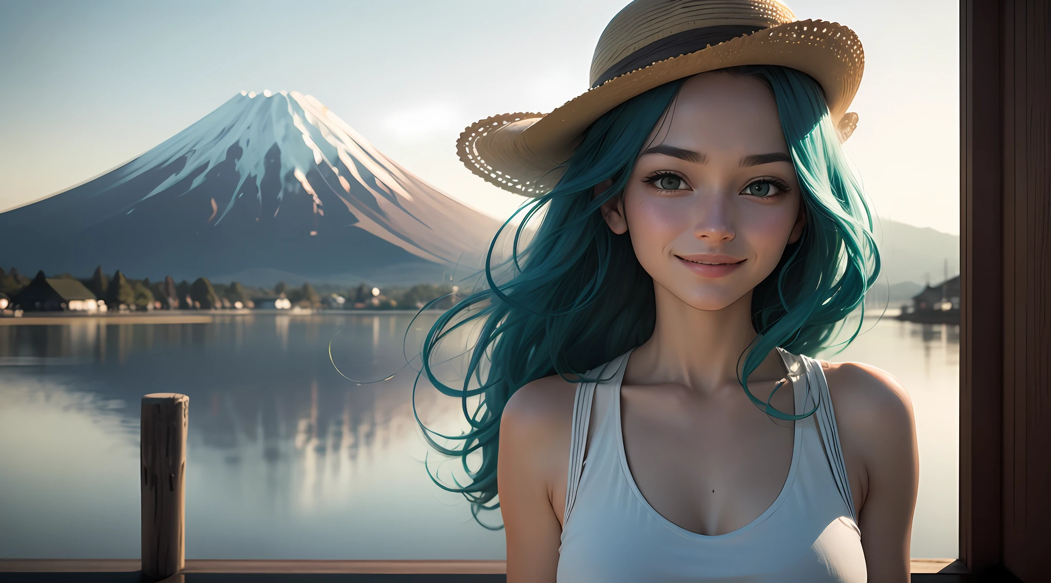 A French girl, wearing a hat, Mount Fuji, on the right side of the frame, background of Japanese countryside, long legs, hands behind her back, (realism: 1.4), (masterpiece: 1.3), facing the camera, smiling, aqua green eyes, grinning, floating hair, close-up, 4K, realistic lighting, ultra hd, shadows, blurred background, clean, 3d. --auto --s2