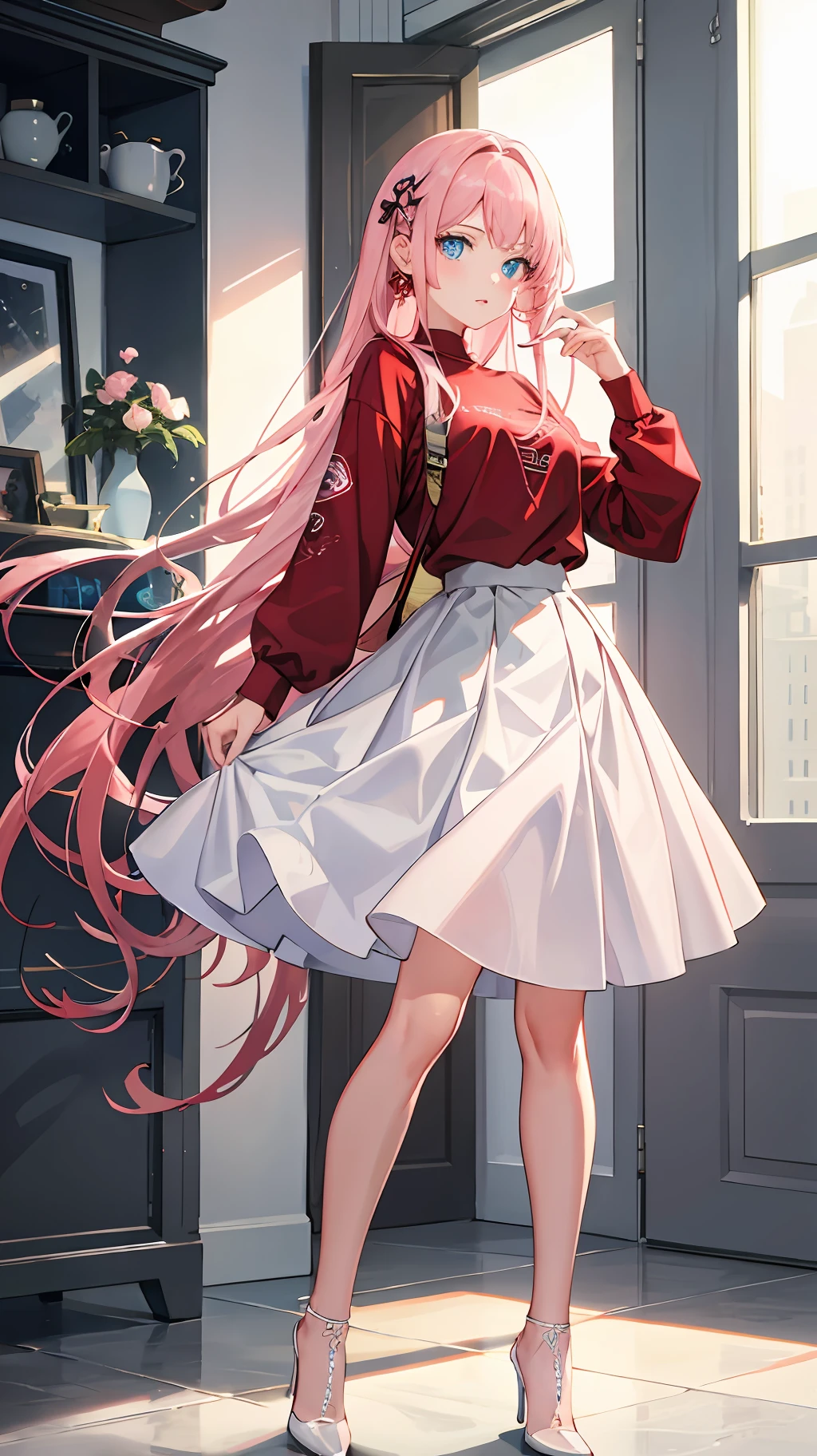 Wallpaper, highly detailed, best quality, 1girl, pink long hair, blue eyes, red shirt, white skirt, white high heels, park