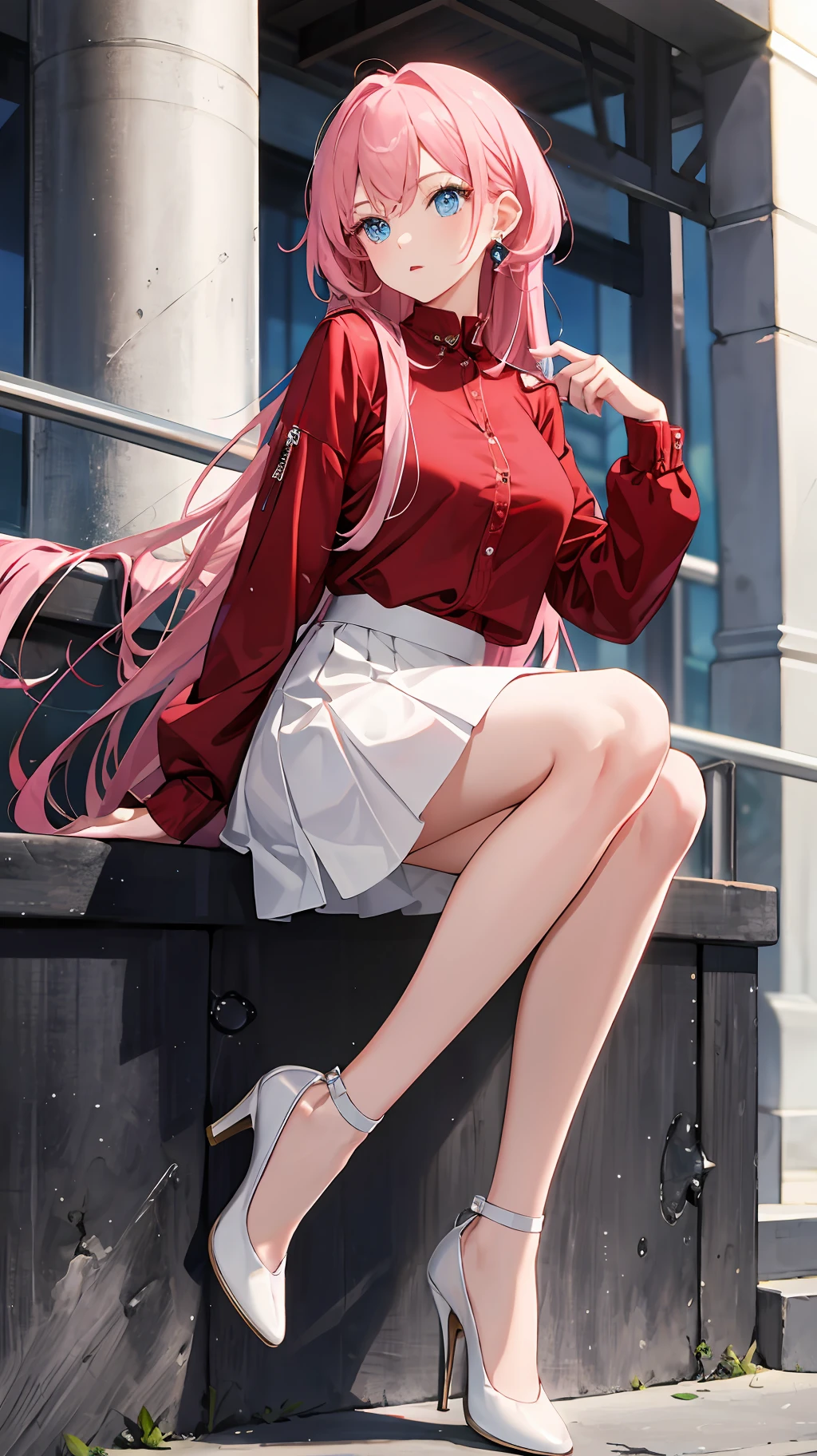 Wallpaper, highly detailed, best quality, 1girl, pink long hair, blue eyes, red shirt, white skirt, white high heels, park