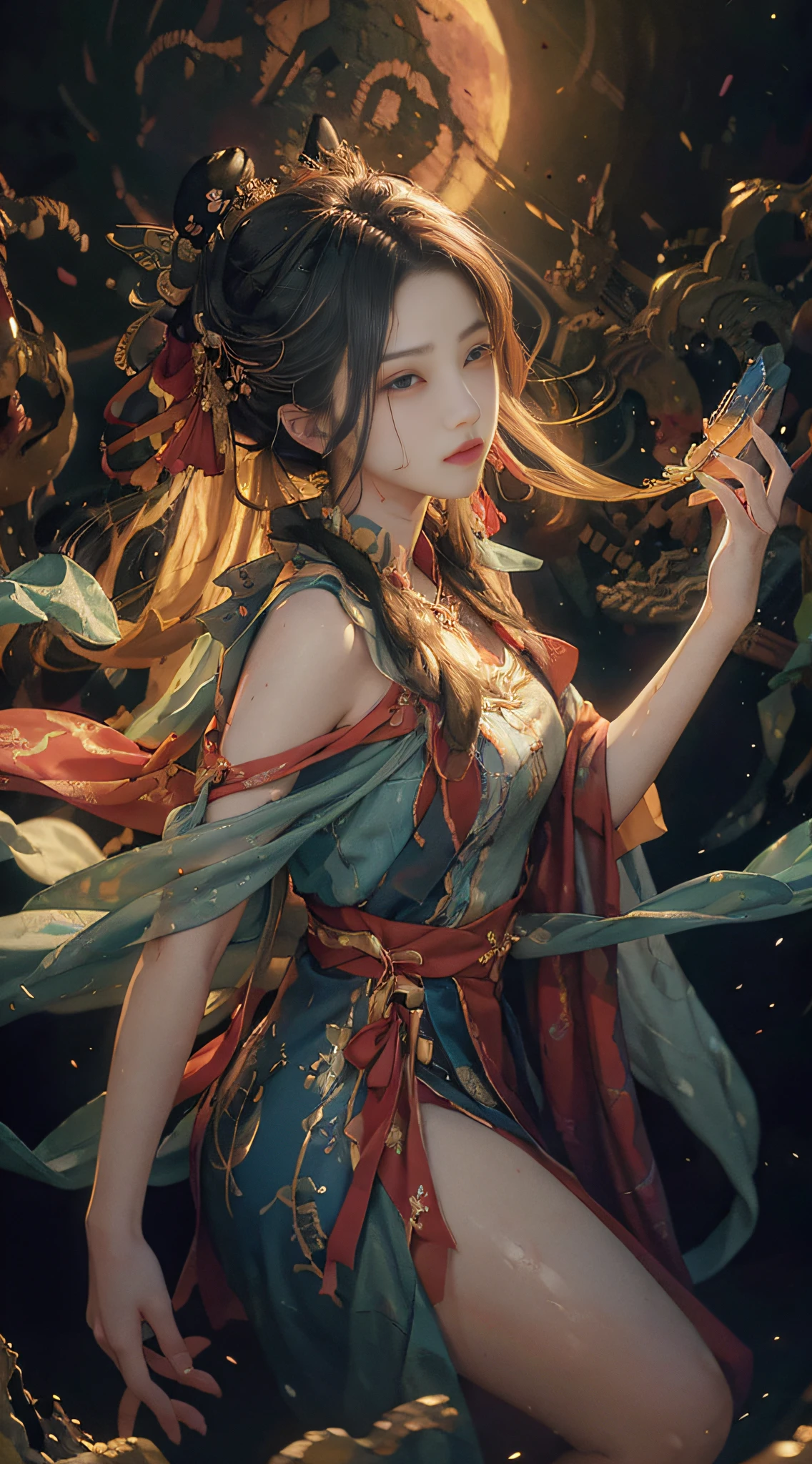 (8k, RAW photo:1.2), best quality, ultra high res,dramatic angle,(fluttered detailed color splashs), (illustration),(((1 girl))),(long hair),(rain:0.9), (头饰:1.4),少女身边有一座古宫,汉服,(重点),彩色水墨画,(泼彩),泼彩,(((colorful))),(素描:0.8) , Masterpiece, best quality, beautiful painted, highly detailed,(denoising:0.6),[splash ink],((ink refraction)), (beautiful detailed sky),moon,highly,detaild,(masterpiece, best quality, extremely detailed） CG unity 8k壁纸，杰作，最好的质量，超详细），（石蒜），