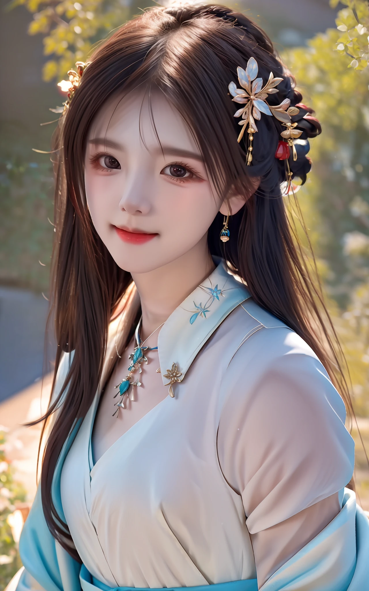 best quality, masterpiece, highres, 1girl,blush,(seductive smile:0.8),star-shaped pupils,china hanfu,hair ornament,necklace, jewelry,Beautiful face,upon_body, tyndall effect,photorealistic, dark studio, rim lighting, two tone lighting,(high detailed skin:1.2), 8k uhd, dslr, soft lighting, high quality, volumetric lighting, candid, Photograph, high resolution, 4k, 8k, Bokeh