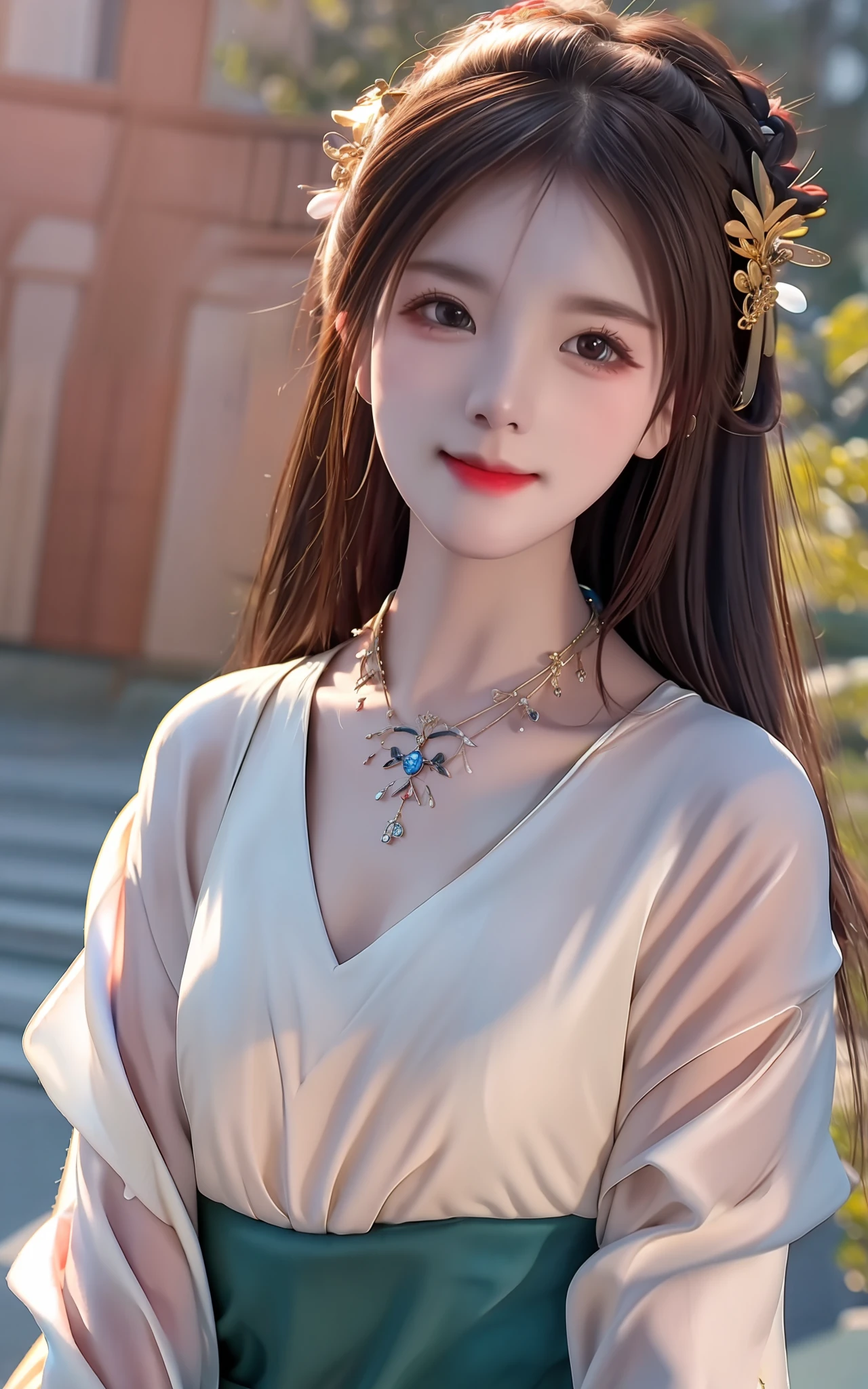 best quality, masterpiece, highres, 1girl,blush,(seductive smile:0.8),star-shaped pupils,china hanfu,hair ornament,necklace, jewelry,Beautiful face,upon_body, tyndall effect,photorealistic, dark studio, rim lighting, two tone lighting,(high detailed skin:1.2), 8k uhd, dslr, soft lighting, high quality, volumetric lighting, candid, Photograph, high resolution, 4k, 8k, Bokeh