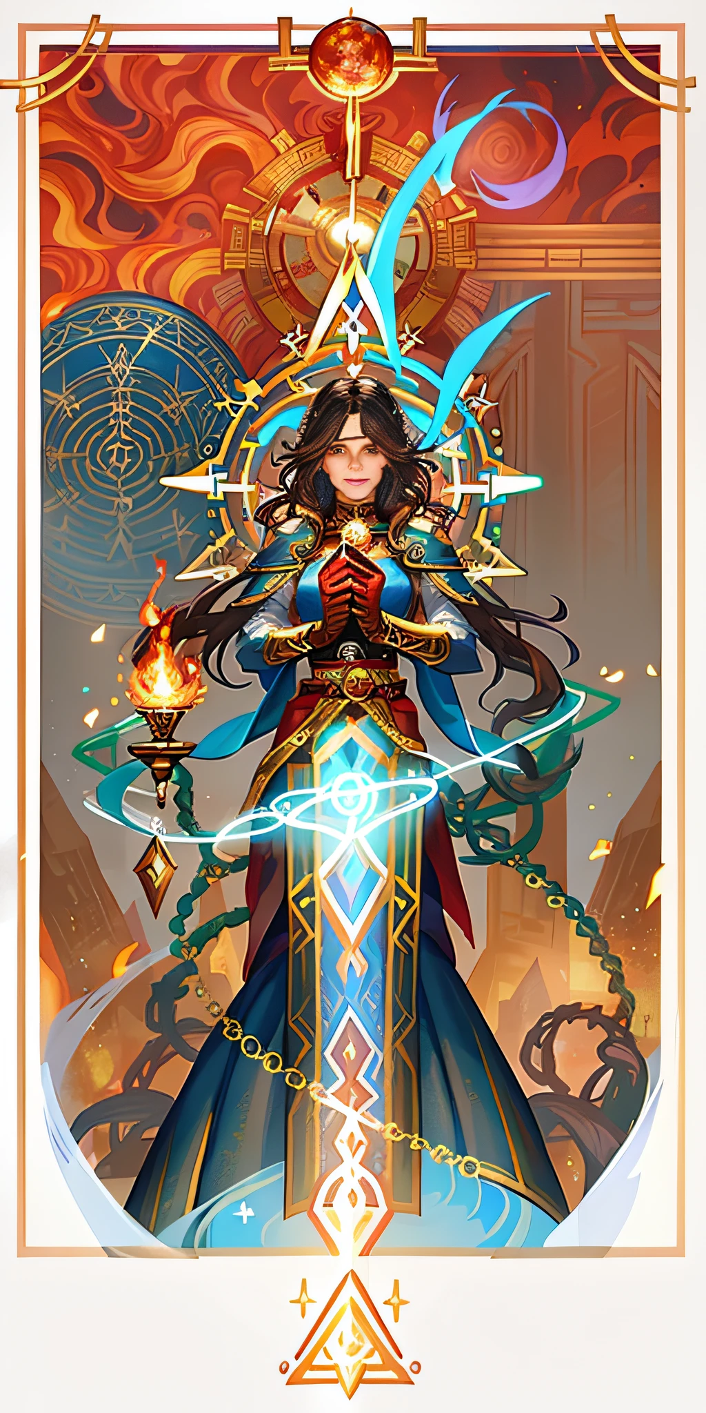 a close up of a woman with a sword and a fire, epic mage girl character, portrait of a female mage, full portrait of elementalist, female mage, female mage!, beautiful celestial mage, holy fire spell art, fantasy mage, mage, black - haired mage, human :: sorceress, female cleric, in the art style of mohrbacher