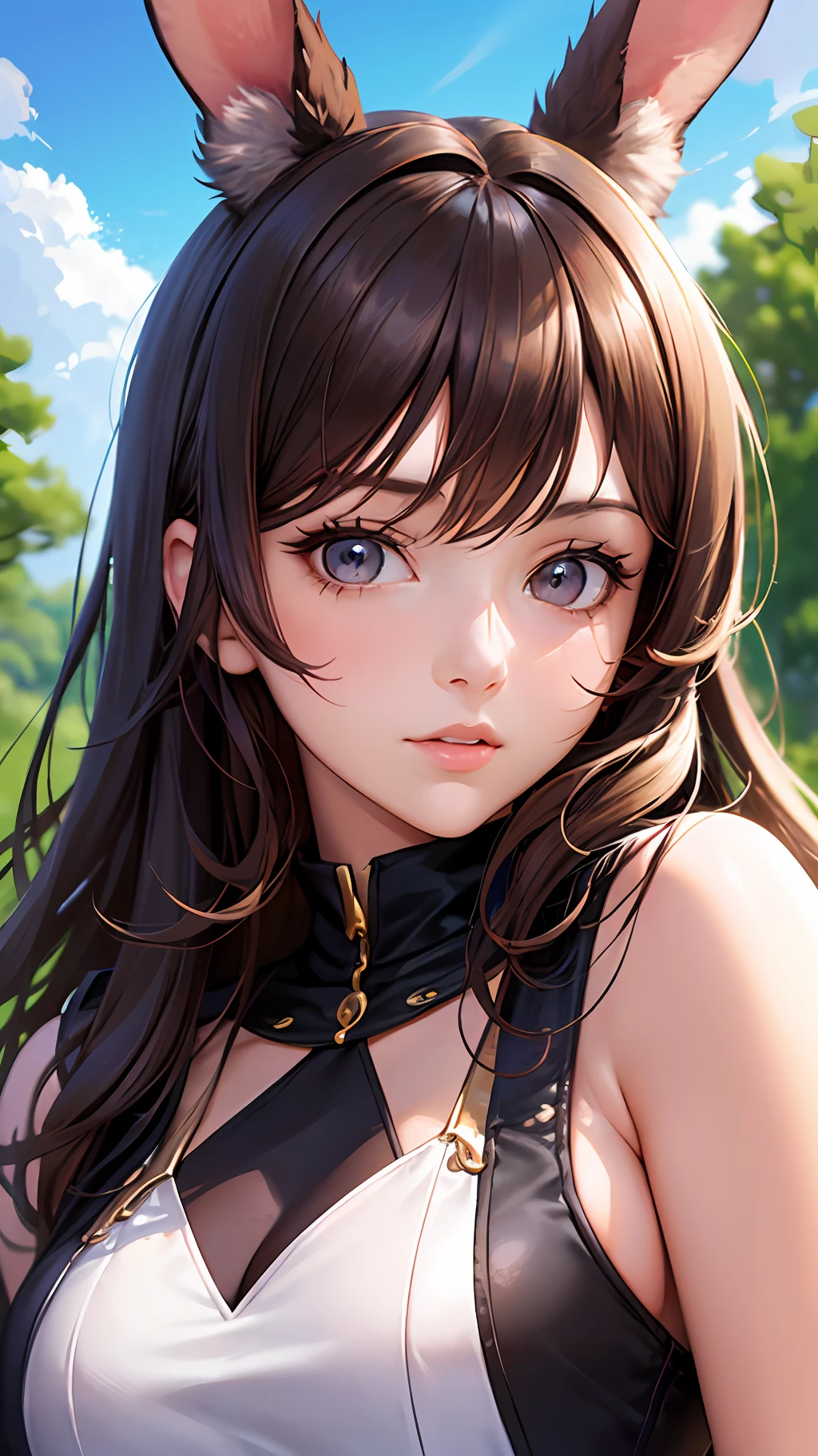 A woman with long hair wearing a cat ears and a white top - SeaArt AI