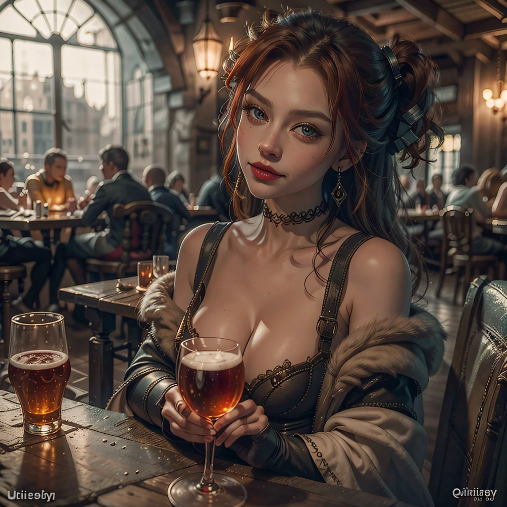 beautiful ginger Harley Quin in a Irish pub, air above hair, IPA award wining, masterpiece, ultimate lighting, art by top 5 artstation artists, ultrasharp focus, ultra high contrast