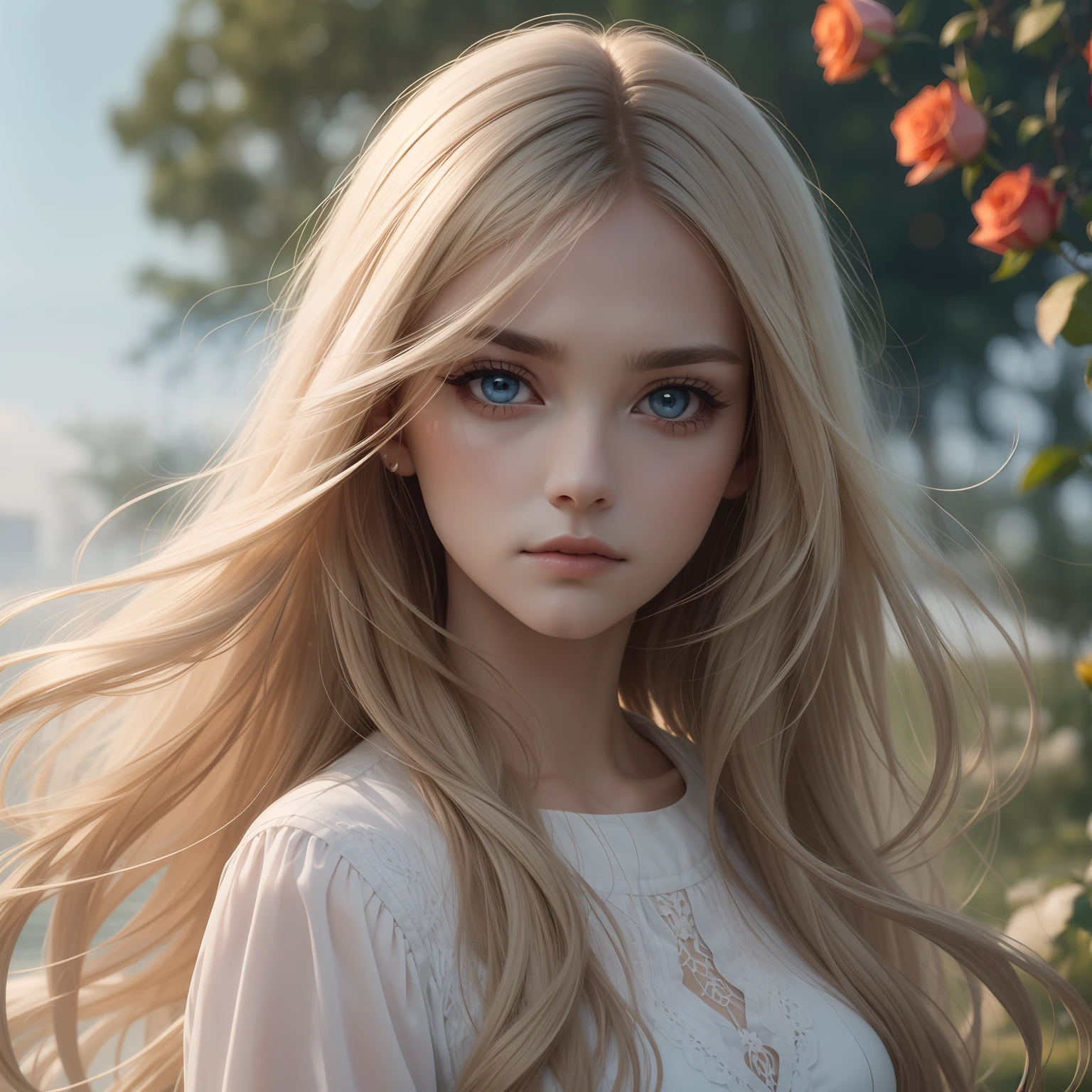 (masterpiece) 8K resolution, top quality, sad face woman, beautiful person, thin long eyebrows, white beige long hair, hair fluttering in the wind, ash blue eyes, rose garden, model style,