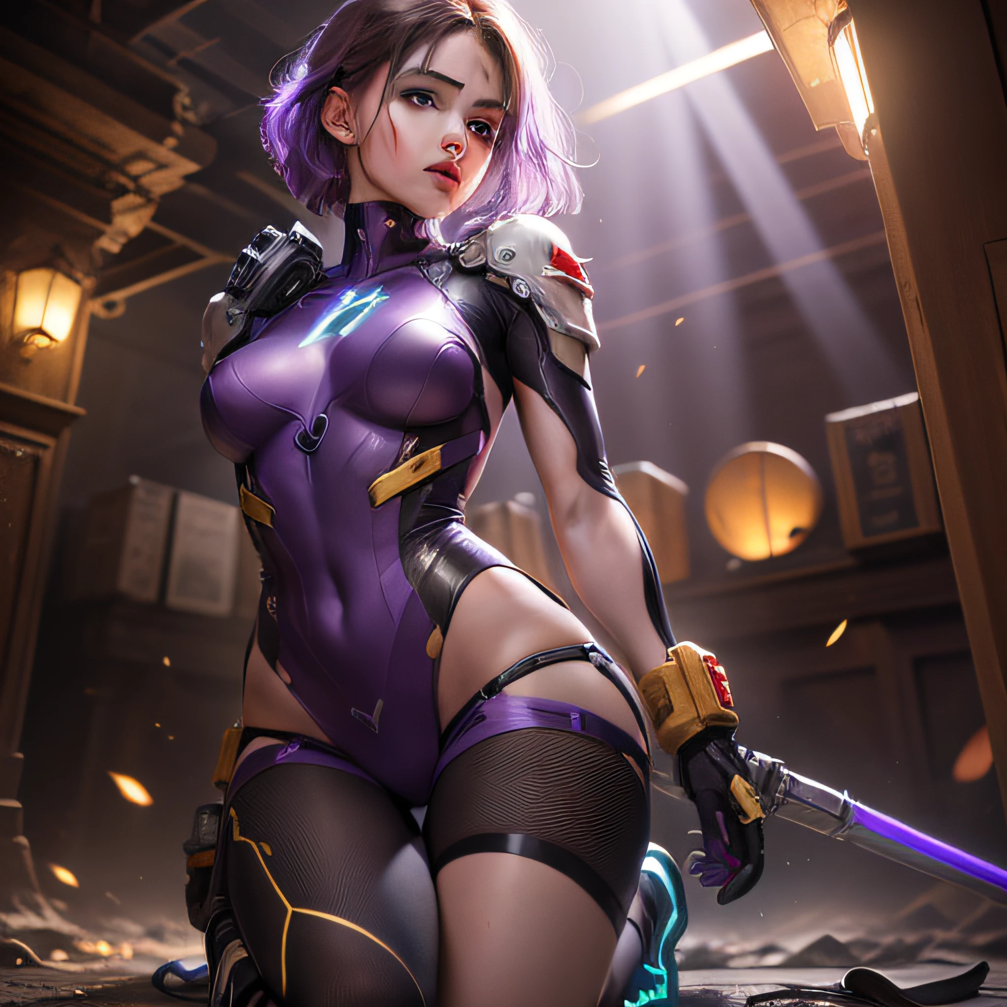 ((Best quality)), ((masterpiece)), (detailed: 1.4), (Absurd), perfect face, Hot Latin woman fighter pilot ready for war, dark skin, lightning and lightning, muscular sculptural body defined, Wolverine mask, ((((full body))), half-thick bare thighs, closed mouth, muscular body covered in purple technological clothing, Neon Genesis Evangelion style, cyberpunk, generous neckline, ((perfect small breasts)), (lilac eyes), ((totally purple clothing with golden rays)), (((short dark purple straight hair)))), long black eyelashes heavy makeup, garter belt, niji --V5, close to real, psychopath, crazy face, sexy pose, red and white background, 2 pieces clothing, centered, scale to fit dimensions, HDR (High Dynamic Range),Ray Tracing,NVIDIA RTX,Super-Resolution,Unreal 5,Subsurface dispersion, PBR Texture, Post-processing, Anisotropic filtering, Depth of field, Maximum clarity and sharpness, Multilayer textures, Albedo and specular maps, Surface shading, Accurate simulation of light-material interaction, Perfect proportions, Octane Render, Two-tone lighting, Wide aperture, Low ISO, White balance, Rule of thirds, 8K RAW, crysisnanosuit --auto
