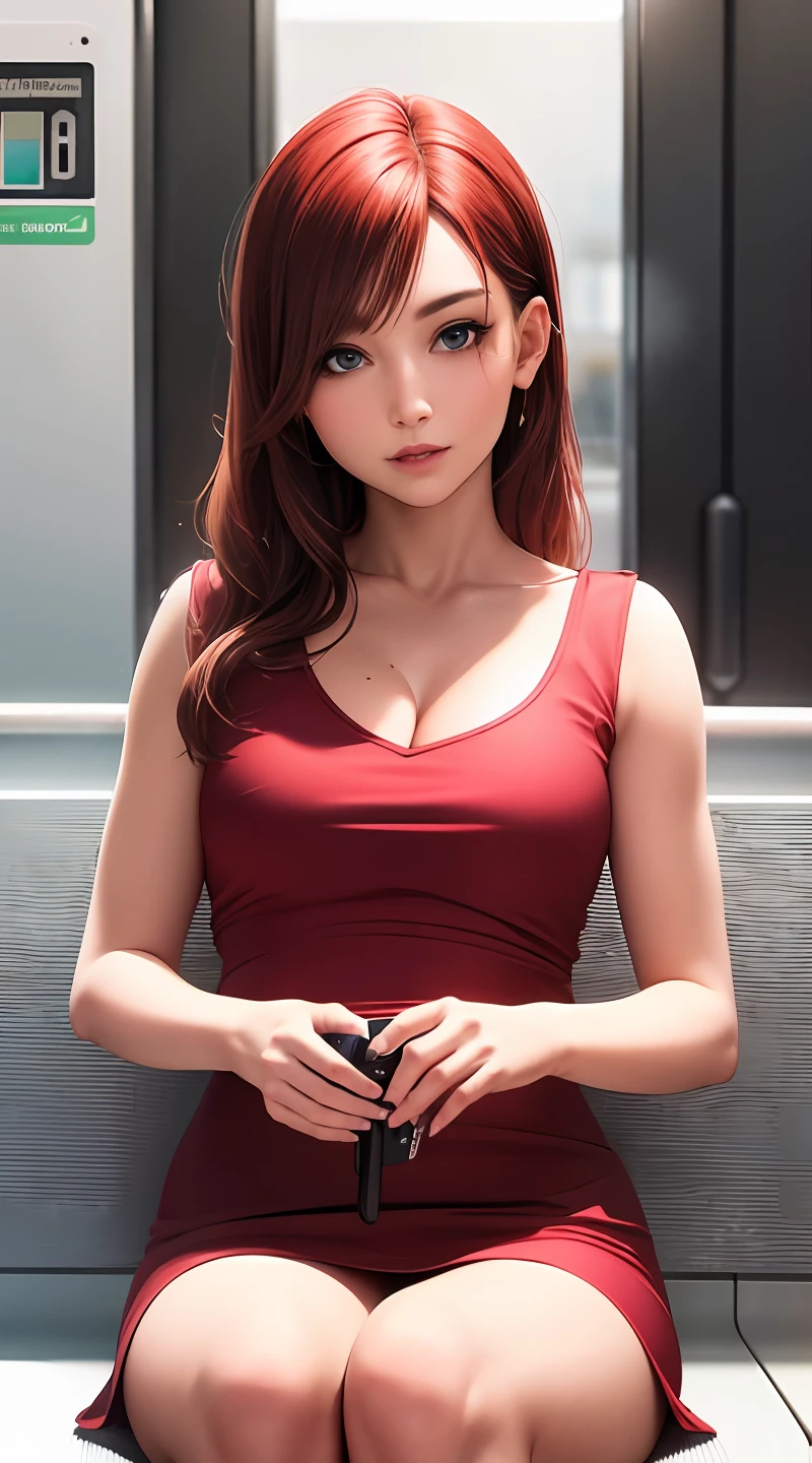 A close up of a woman in a red dress sitting on a bench - SeaArt AI