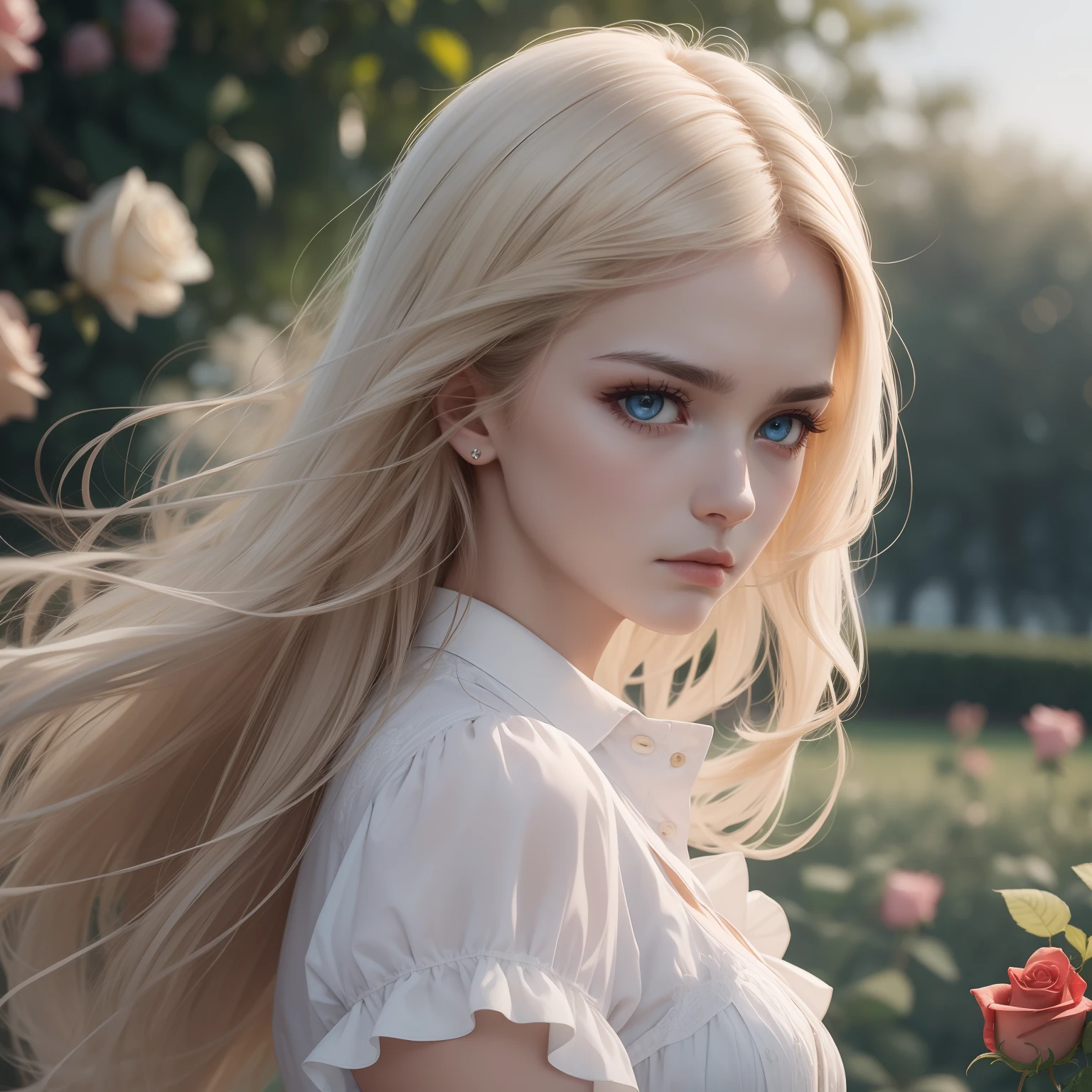 (masterpiece) 8K resolution, top quality, sad face woman, beautiful person, thin long eyebrows, white beige long hair, hair fluttering in the wind, ash blue eyes, rose garden, model style,
