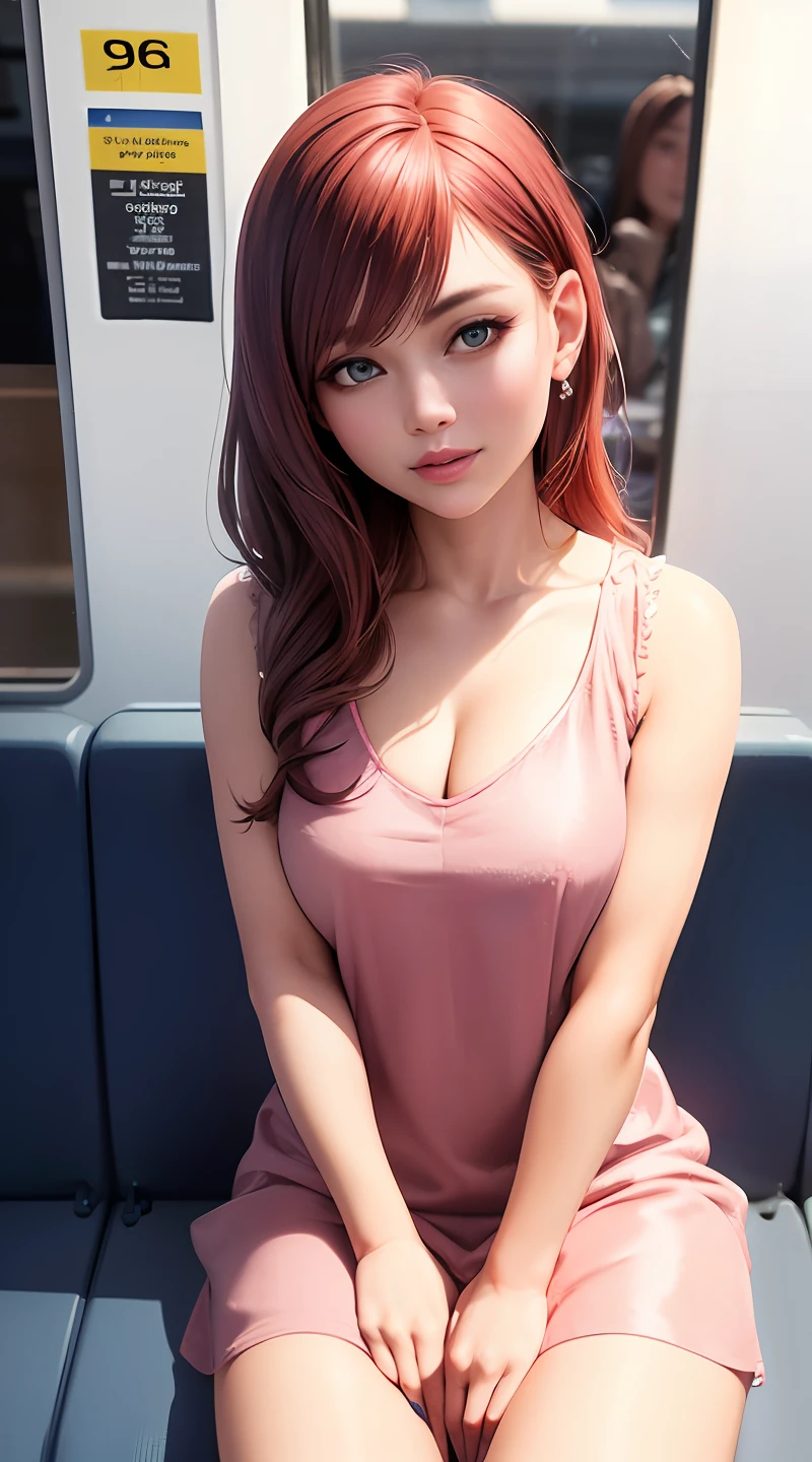 (best quality:1.0), (ultra highres:1.0), (masterpiece:1.0), (best quality:1.4), (ultra highres:1.2), (photorealistic: 1.4), 8k resolution, Canon EOS R5,s, (glossy skin1.15), (8k, RAW photo, photorealistic: 1.25) (blue eyes), (long red hair), (realistic photo: 1.3), (high detailed skin: 1.2), 8k uhd, Dslr, Soft lighting, (eyes full of life), Unreal Engine 5, extremely detailed CG unit 8k wallpaper, (best HDR), ultra realistic pupil, realistic eyebrow, ulzzang-6500-v1.1, 3D, (best ray tracing in an image) long haired red-haired girl sitting on the bench inside a train, pink dress, with white skirt,
