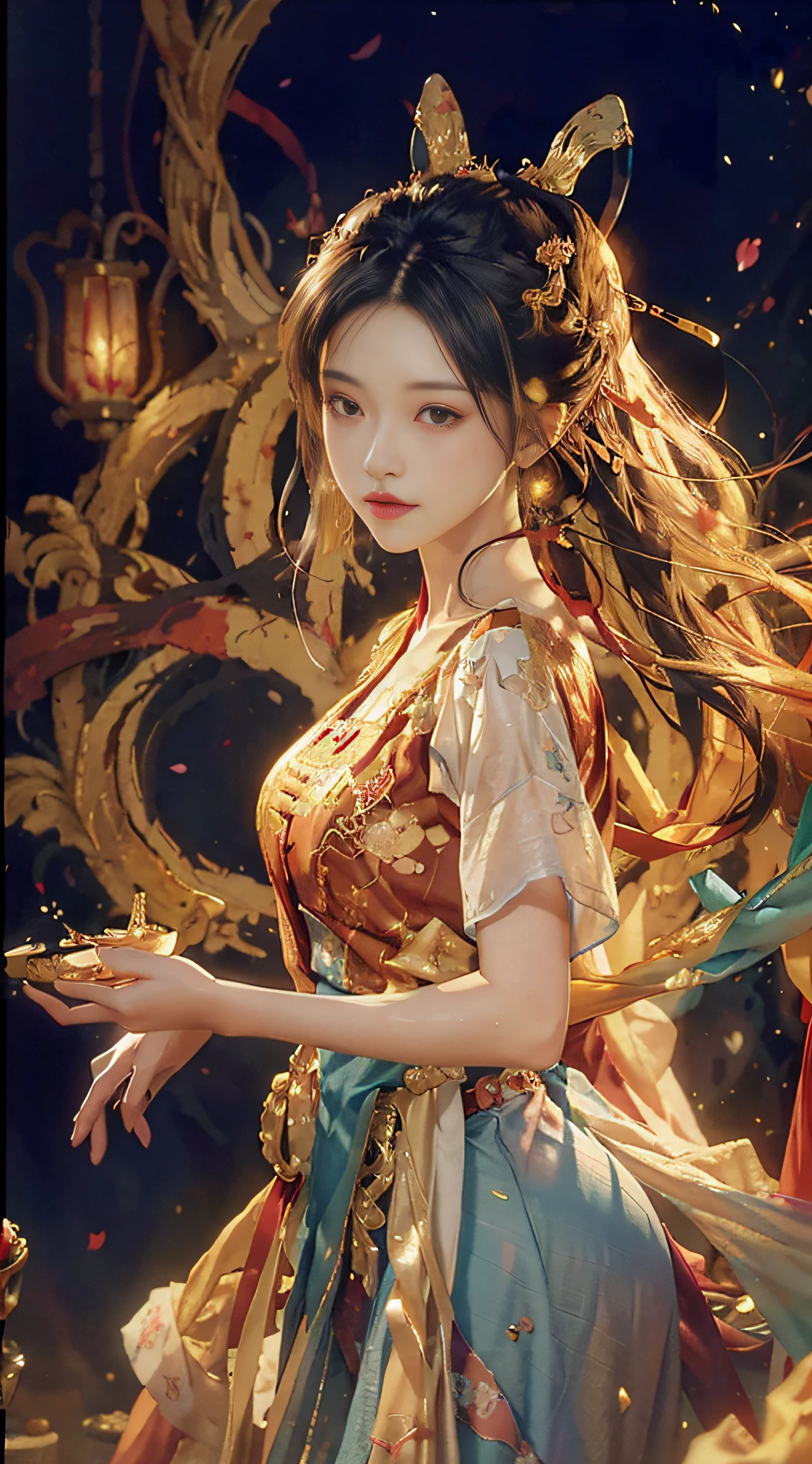 Masterpiece, Top Quality, Best Quality, Extreme Detail, Highest Detail, Official Art, Beauty and Aesthetics: 1.2), Colorful, Denim Lens, Upper Body Shot, Beautiful Face, Perfect Body, Superb Body, Masterpiece, High Resolution, (Exquisite Body: 2.0), Stunning Beauty, (Milky Skin: 1.5), Exquisite Details, High Resolution, Wallpaper, 1 Female, Solo, Dress, (((Golden Red Dress)) ), Long white hair, fox tail, Charming smile, gorgeous accessories, Short sleeves, , Big eyes, Fluttering Hair, Hanfu,, Embroidery, Long Dress, Feminine Pose, Falling Petals, Kong Ming Lantern, 16K, HDR, High Resolution, Depth of Field, (Film Grave: 1.1), Bocon (Lens Glow), Vignette, Rainbow, (Color Grading: 1.5) ((Watercolor by John Berkey and Jeremy Memman)) Brush Strokes