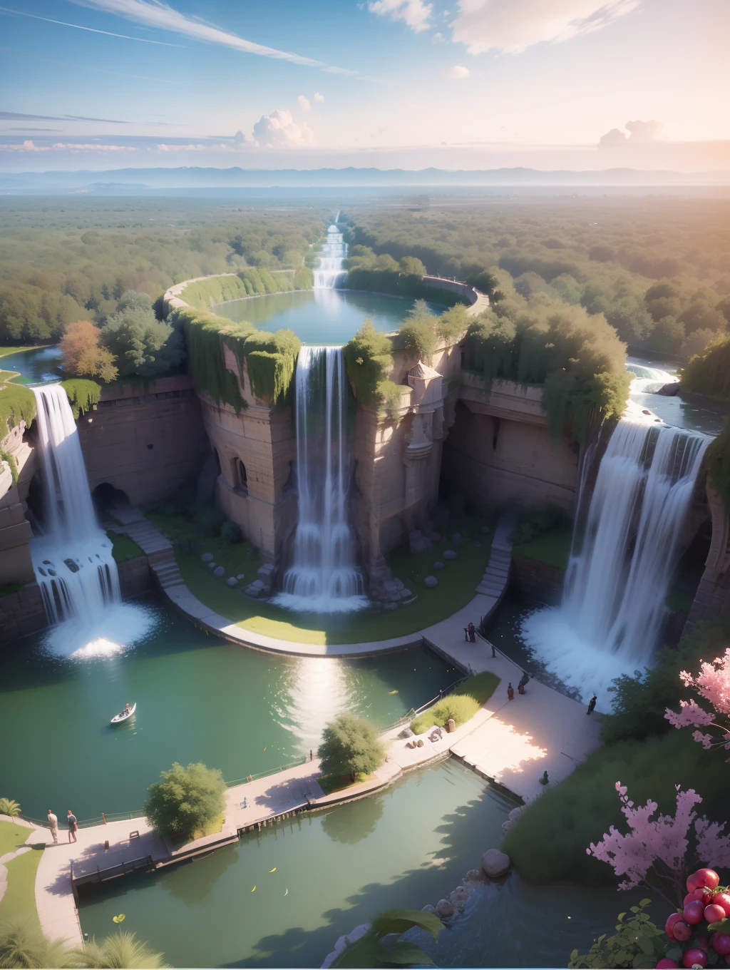 Hanging Garden of Babylon White, Pink, Blue, Bright Water, Colorful Waterfalls, Flow from Top to Bottom, Apple Tree, Redshift Rendering, 3D, Ultra Detail, Realistic, 8K, Masterpiece, Functional Art Station, Top View, Panorama, Ultra Wide Angle, HD