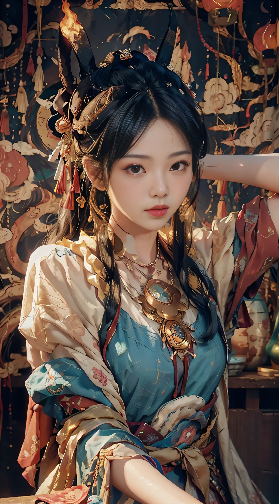 (RAW photo, best quality), (realistic, photo-realistic:1.3), best quality, highly detailed, masterpiece, ultra-detailed, illustration, 1girl, upper_body, dynamic angle, world mastery theater, messy_long_hair,best quality, extremely detailed CG unity 8k壁纸,墨水,惊人,电影灯光,lens_flare,dunhuang_style,红色嫁衣