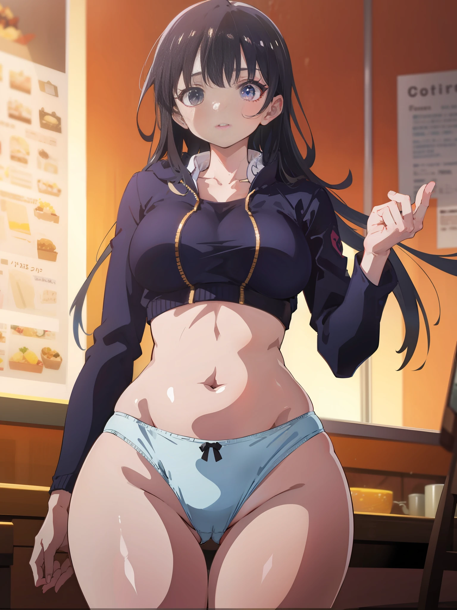 Firm breasts, wide hips, underwear, wide thighs