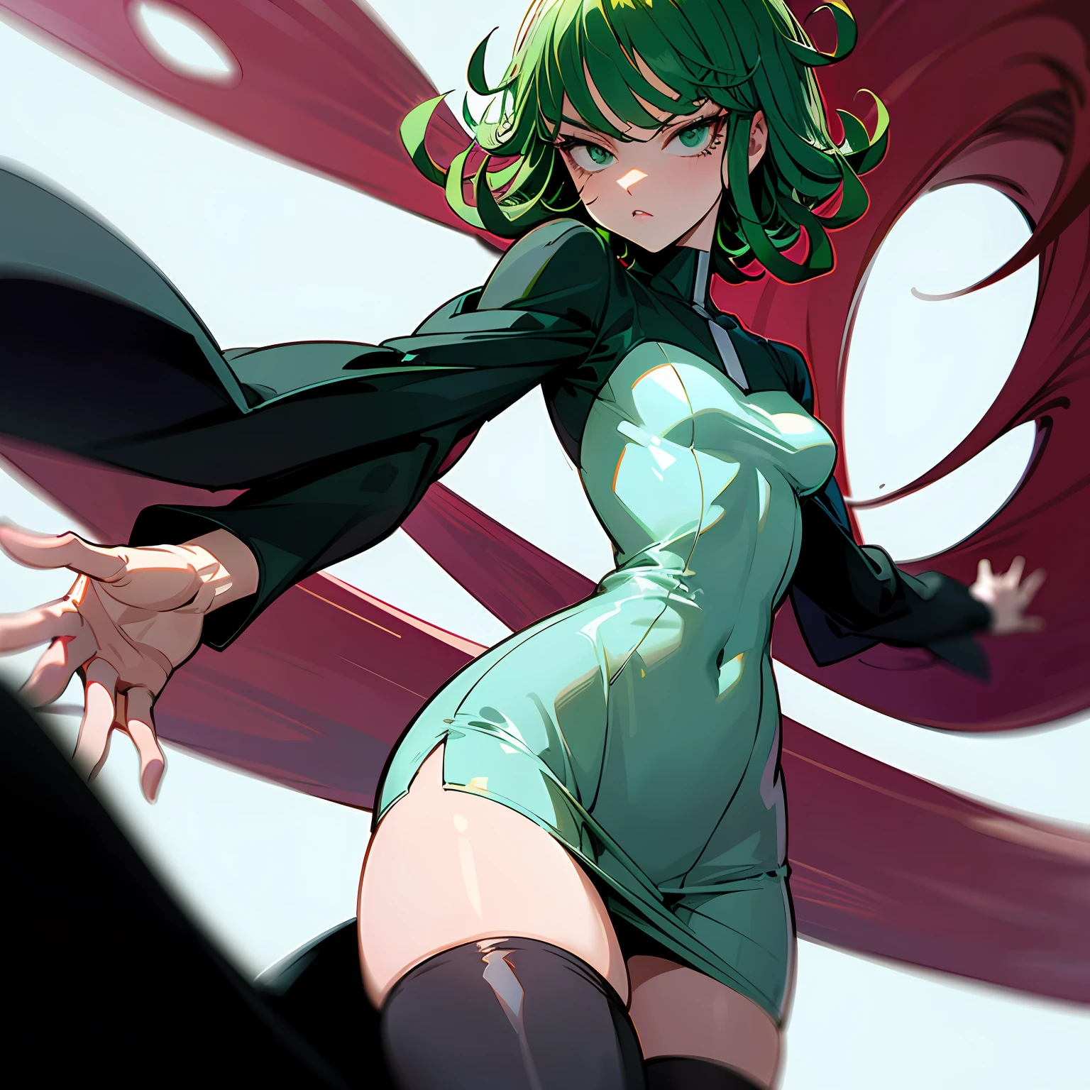 (tatsumaki from one punch man), thick thighs, powerful imagery, ultra, detailed, unreal engine 5, thigh highs, rich colors, tokyo, short hair, bikini, thigh indentation, sexy figure, (detailed) (wallpaper) (cinematic lighting) (sharp focus) (intricate), RAW, tatsumaki from one punch man, tatsumaki, tatsumaki with green curly hair, villain pose, badass pose, neferpitou, villainess, succubus in tight short dress, evil pose, high quality colored sketch, fubuki, rogue anime girl, menacing pose , solo, thick thighs , 4K, 8K --auto