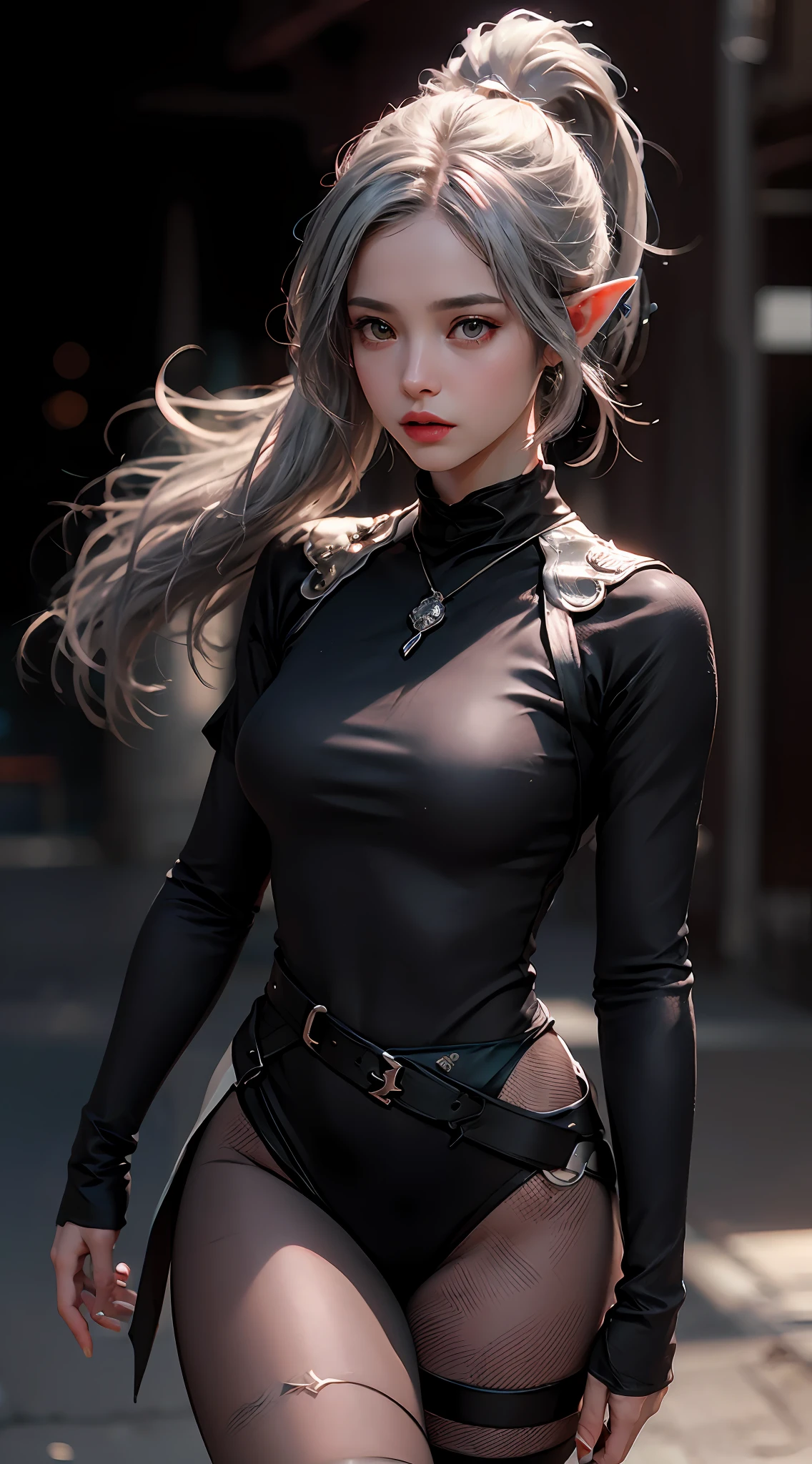 ((Best Quality)), ((Masterpiece)), (Details: 1.4), 3D, A Beautiful Elven Female Figure, (Tights: 1.4) (Silver Hair, High Ponytail: 1.4) (Western European Fantasy Background: 1.4) (Fantasy Wind) HDR (High Dynamic Range), Ray Tracing, NVIDIA RTX, Super-Resolution, Unreal 5, Subsurface tering, PBR Texture, Post-processing, Anisotropic Filtering, Depth of Field, Maximum Clarity and Clarity, Multi-layer Textures, Albedo and Specular Mapping, Surface Coloring, Accurate Simulation of Light-Material Inteerfect Proportions, Octane Render, Bicolor Light, Large Aperture, Low ISO, White Balance, Rule of Thirds, 8K RAW,