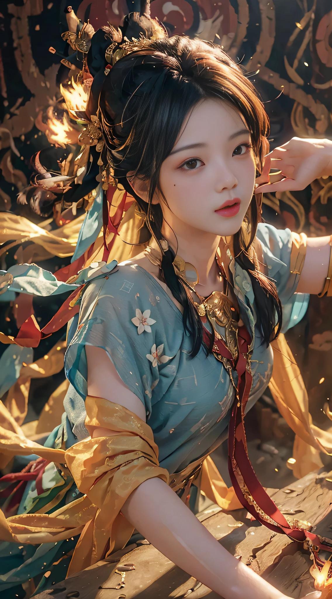 (RAW photo, best quality), (realistic, photo-realistic:1.3), best quality, highly detailed, masterpiece, ultra-detailed, illustration, 1girl, upper_body, dynamic angle, world mastery theater, messy_long_hair,best quality, extremely detailed CG unity 8k壁纸，墨水，惊人，电影灯光，lens_flare，dunhuang_style，红色嫁衣