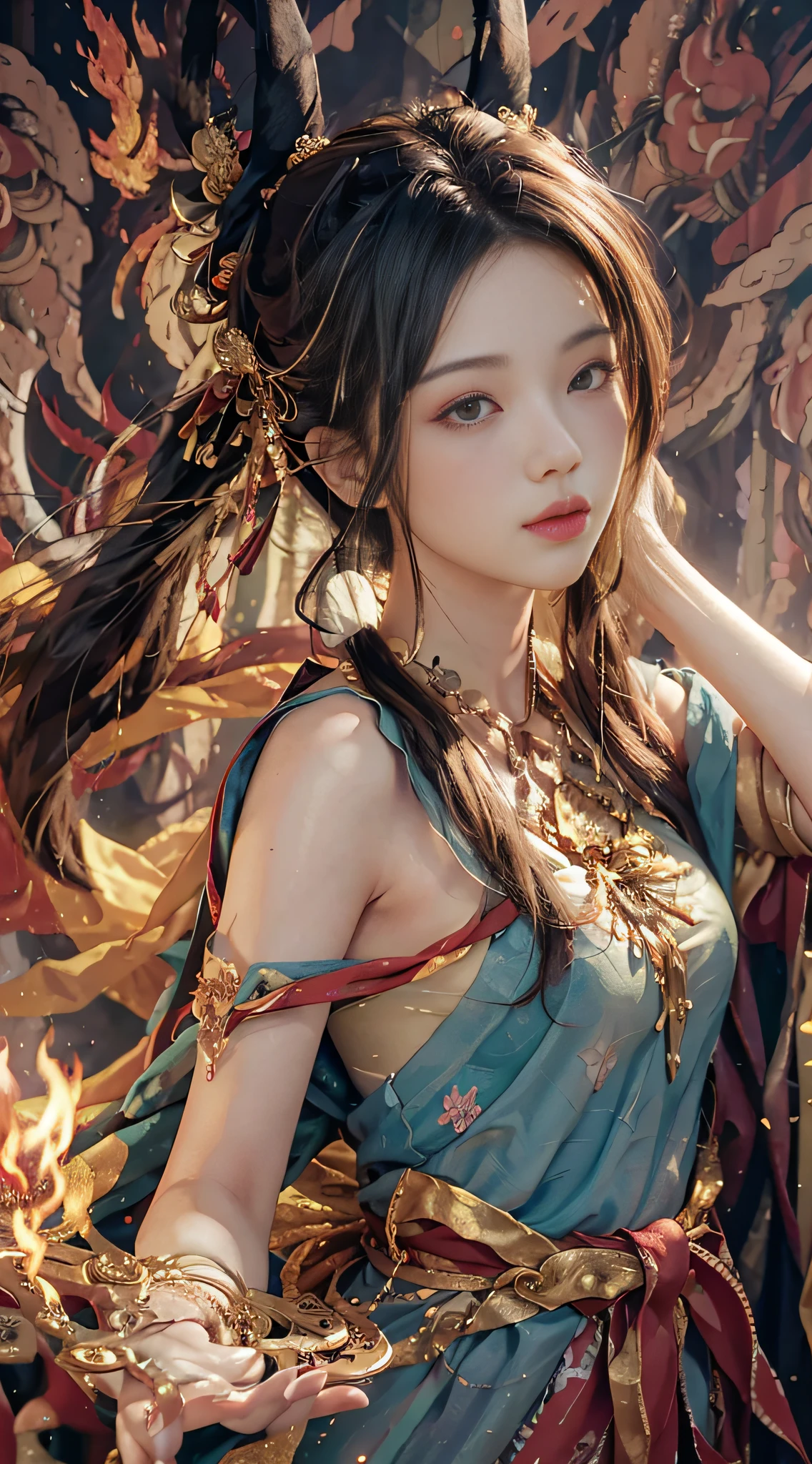 (RAW photo, best quality), (realistic, photo-realistic:1.3), best quality, highly detailed, masterpiece, ultra-detailed, illustration, 1girl, upper_body, dynamic angle, world mastery theater, messy_long_hair,best quality, extremely detailed CG unity 8k壁纸,墨水,惊人,电影灯光,lens_flare,dunhuang_style,红色嫁衣