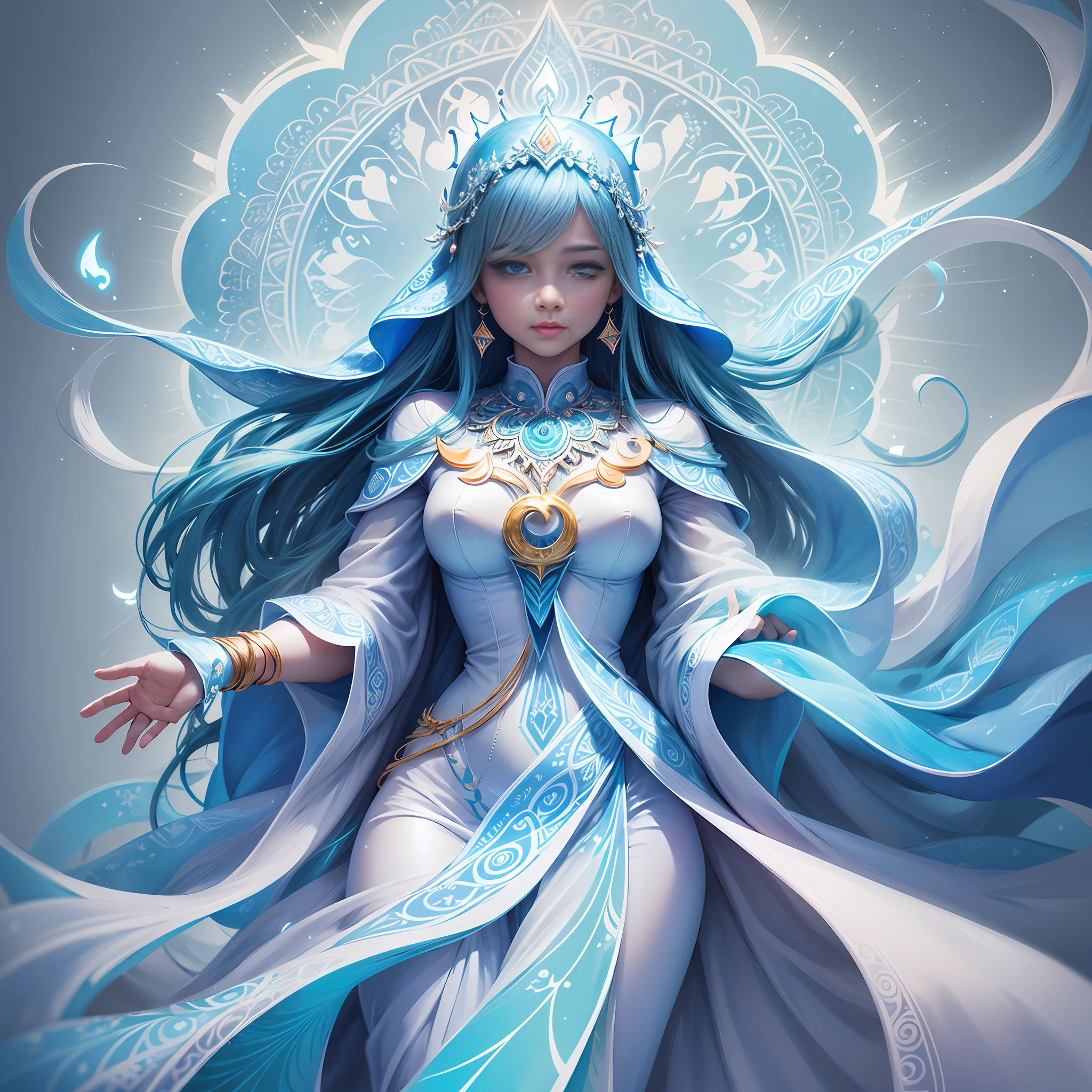 (improve hands and eyes)+[Mandala glowing:1.2], brightening her chest region brightly, light blue color, crescent cloak in complementary shades of white and light blue, clothing flowing in soft folds, leaving her to appear floating. --auto --s2