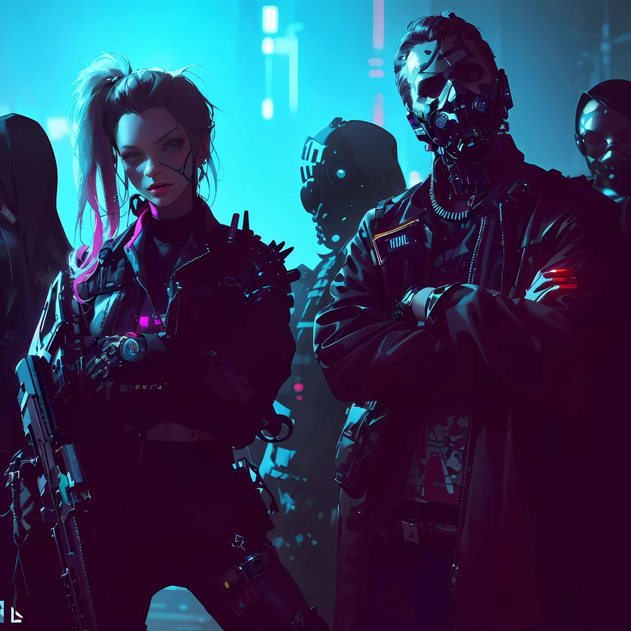 arafed image of a group of people with weapons and masks, cyberpunk horror style, cyberpunk dark fantasy, cyberpunk outfits, has cyberpunk style, cyberpunk techwear, cyberpunk))), cyberpunk art style, style of cyberpunk, cyberpunk style, modern cyberpunk, cyberpunk vibrant colors, style of cyberpunk 2 0 7 7, more and more cyberpunk, in cyberpunk style