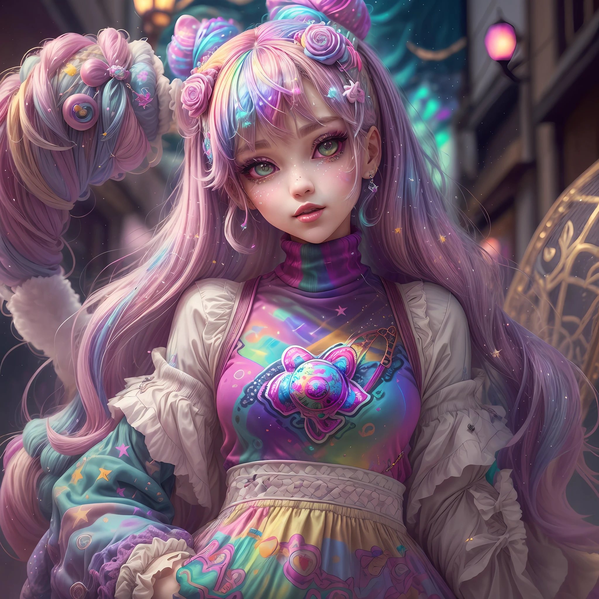 This image should be colorful and euphoric with extreme fantasy elements and very bold colors. Use (((lora:ArcherTurtleneck:1))). Generate a beautiful petite witch with ornate and highly detailed Decora Harajuku fashion aesthetics on an interesting Harajuku street background. Her head, torso, and hips are in frame. The witch should have a mature face with a lot of character and visual interest. Include beautiful eyes, highly detailed eyes, extremely detailed eyes, intricate eyes, 8K eyes, macro eyes. Pay close attention to intricate facial details and realistic eye shading. Include bright lisa frank rainbow colors. ((Include many realistic fantasy and rainbow Harajuku and decora details)). Clothing should be very detailed and intricate in the style of extravagant Harajuku decora street fashion with a heavy emphasis on rainbow colors. Her shirt should contain contrasting textures, colors, and patterns (((lora:ArcherTurtleneck:1))). Her pants should be highly detailed and contain contrasting textures, colors, and patterns. The image is the highest quality possible, with rich colors and an extremely high resolution. Consider influences like the artwork and colors of Lisa Frank. Utilize bright ambient lighting and dynamic composition to enhance a feeling of happiness and ((euphoria)). The image should contain shimmer, phantasmal iridescence, crystals, and bumps. (((lora:ArcherTurtleneck:1))). (((Include many decora fashion accents.))), extreme angles