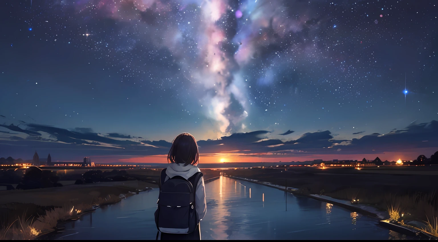{{{masterpiece}}, {{{best quality}, {{ultra-detailed}}, {illustration}, {{an extremely delicate and beautiful}}, beautiful milky way, night sky, wide sky, mysterious, deep sky, falling sky, traveling girl, rucksack, back view, girl looking at night sky, In the middle of the journey, 8k, morning is near, the sky is about to be swallowed, the morning is near, the night is over, the beginning is near, deep darkness, cinematic, mysterious, fantastic, beautiful,
