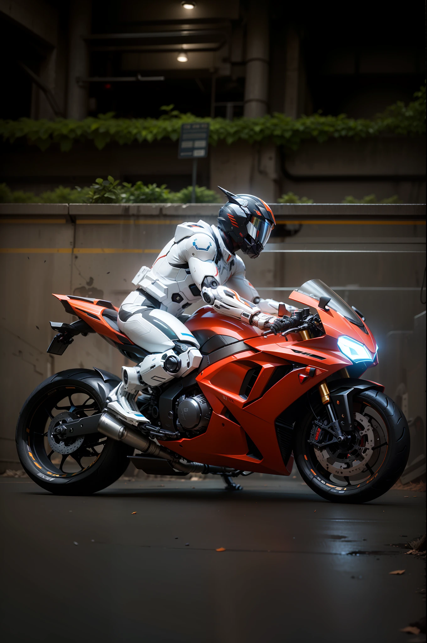 Handsome full body white mecha Cyber Handsome Warrior, Red Cyber Mechanical Motorcycle, High-Tech Black Full Surround Helmet, Short White Hair, Nousr, Biomechanics, MSHN Robot Man, High-Tech Helmet, Surreal, Steel, Intricate Design, Crazy Details, Fine Details, Extremely Clear Lines, Cinematic Lighting, Photo Realistic, Detailed Masterpiece
