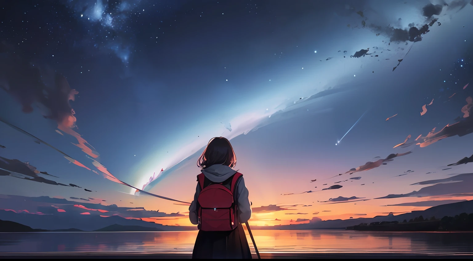 {{{masterpiece}}, {{{best quality}, {{ultra-detailed}}, {illustration}, {{an extremely delicate and beautiful}}, beautiful milky way, night sky, wide sky, mysterious, deep sky, falling sky, traveling girl, rucksack, back view, girl looking at night sky, In the middle of the journey, 8k, morning is near, the sky is about to be swallowed, the morning is near, the night is over, the beginning is near, deep darkness, cinematic, mysterious, fantastic, beautiful,