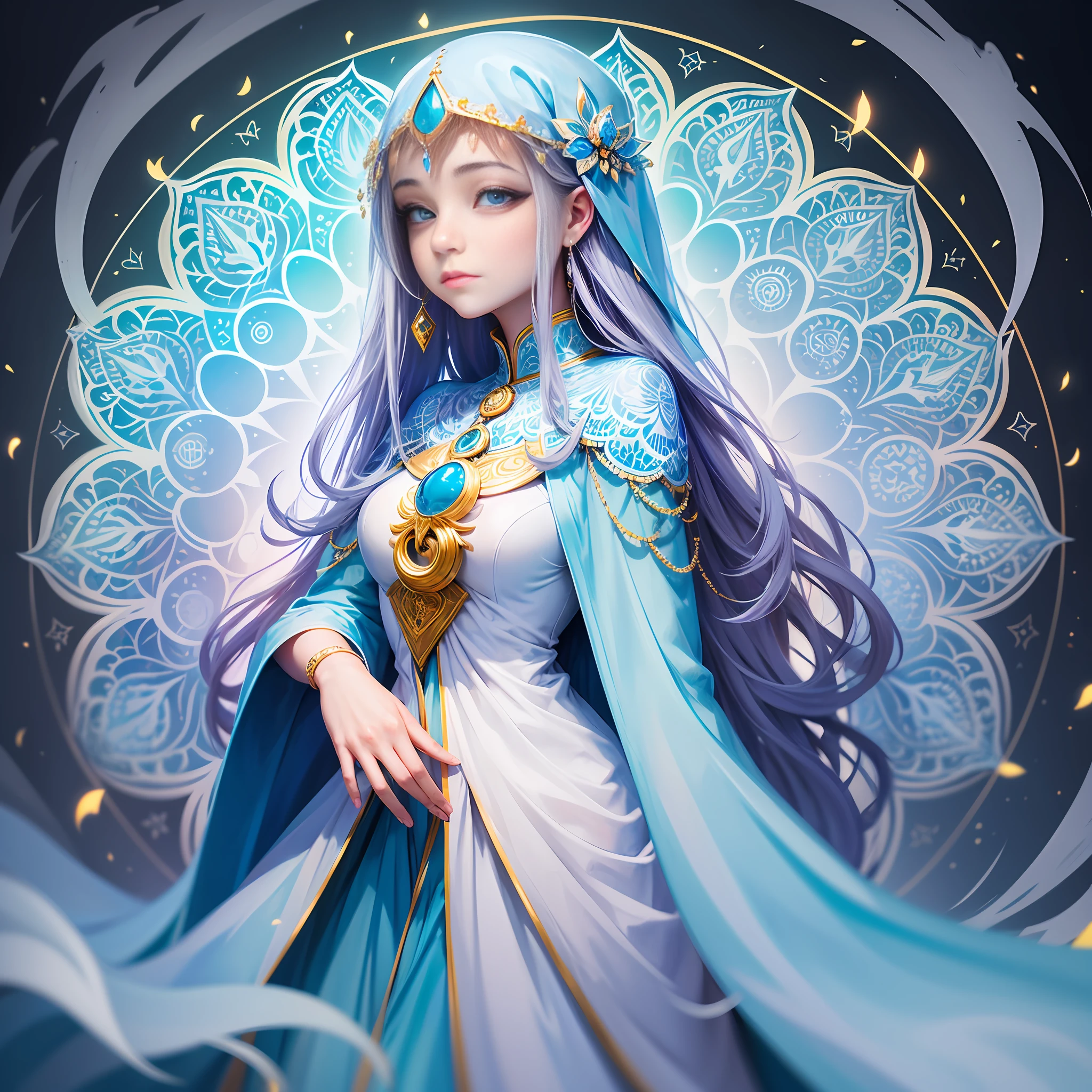 (improve hands and eyes)+[Mandala glowing:1.2], brightening her chest region brightly, light blue color, crescent cloak in complementary shades of white and light blue, clothing flowing in soft folds, leaving her to appear floating. --auto --s2