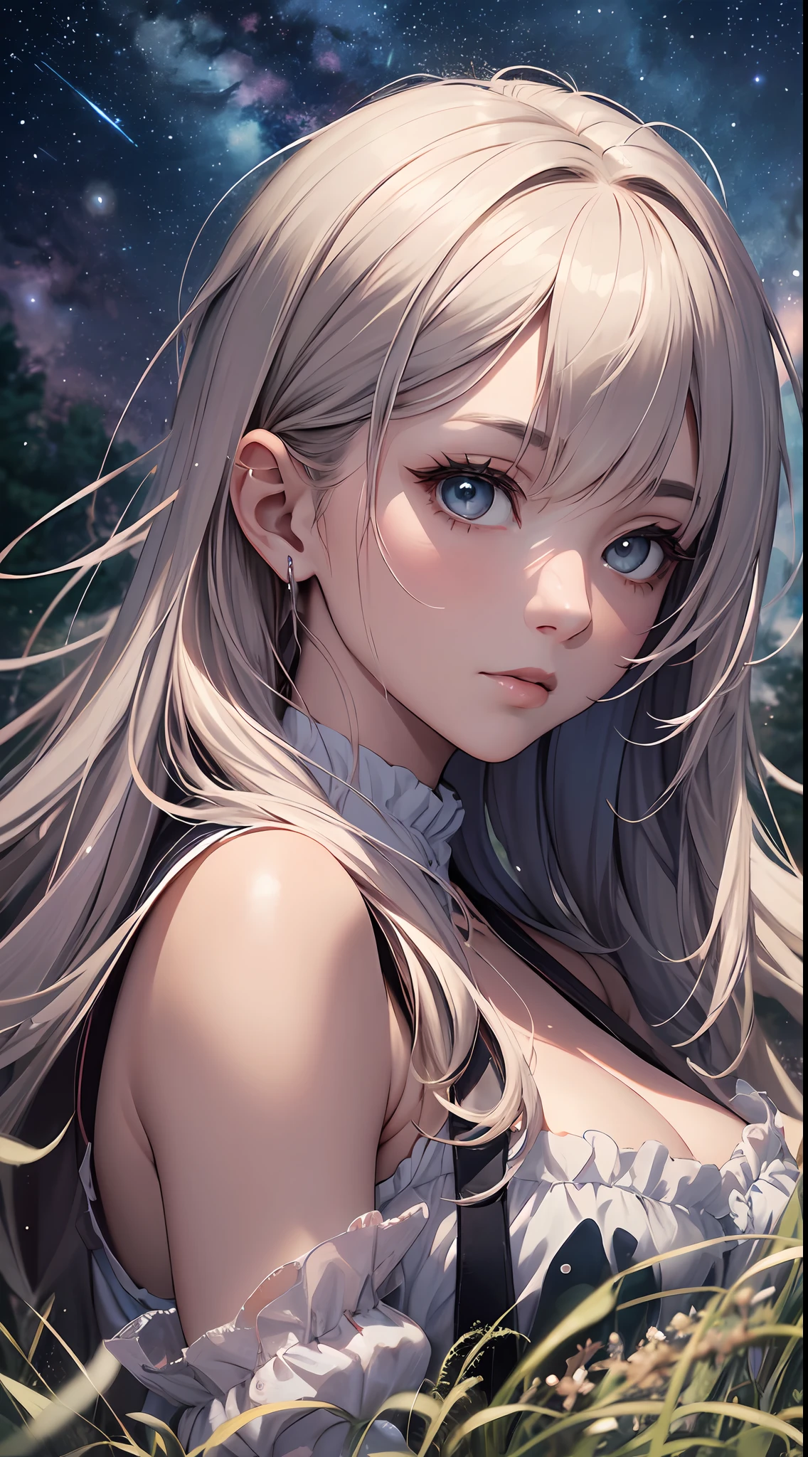 Anime girl with long blonde hair and blue eyes in a field - SeaArt AI