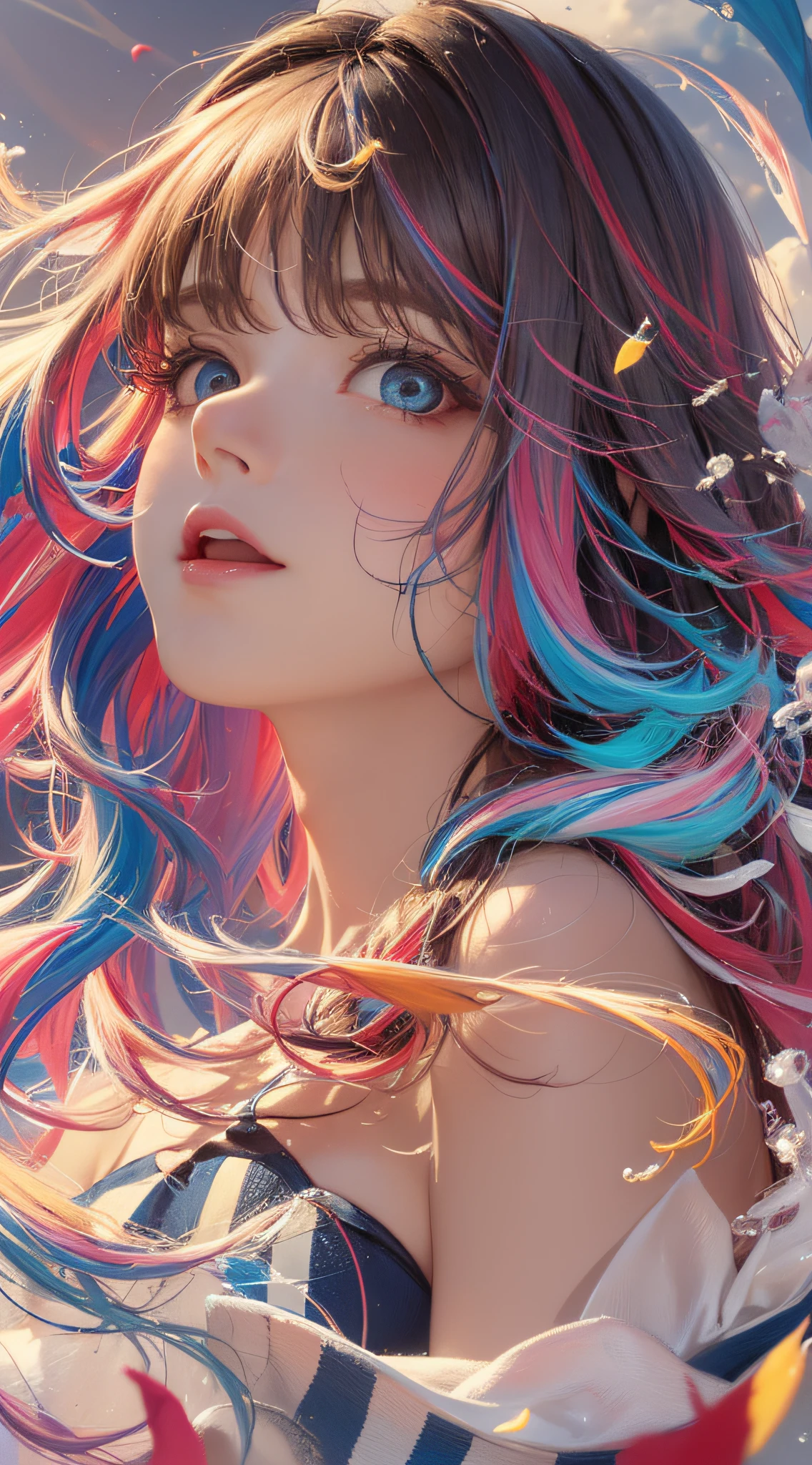 ((((masterpiece))), ((best quality))), ((super detailed)), (illustration), (dynamic angle), ((floating)), (paint), ((loose hair)), (solo), (1girl), (detailed anima face))), ((beautiful detailed face)), ((colored hair)), ((striped hair)), (gradient eyes), (((colored eyes))), (white cloud background))), (((High saturation)))),((Surrounded by colorful splashes)))) Ultra-detailed, beautiful and aesthetic, masterpiece, best quality, most beautiful forms chaotic, elegant, Fauvist design, bright colors, romanticism, Michal Mraz, Adrian Gheny, Petra Cortwright, atmospheric, ecstatic notes, streaming notes visible,