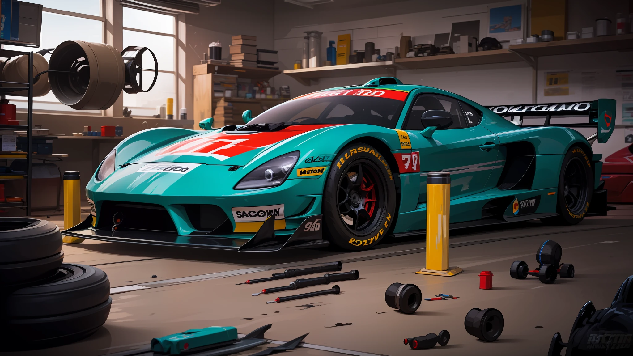 masterpiece ((racing cars)) in workshop with technician repair it, ray tracing, cinematic color, realistic