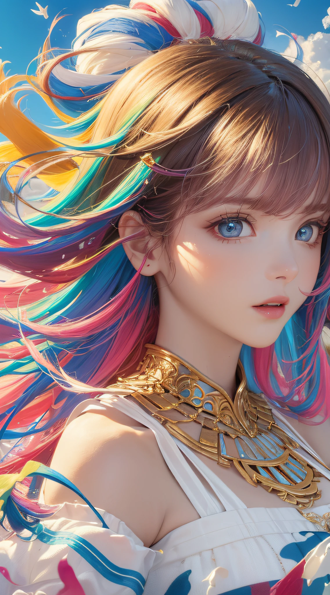 ((((masterpiece))), ((best quality))), ((super detailed)), (illustration), (dynamic angle), ((floating)), (paint), ((loose hair)), (solo), (1girl), (detailed anima face))), ((beautiful detailed face)), ((colored hair)), ((striped hair)), (gradient eyes), (((colored eyes))), (white cloud background))), (((High saturation)))),((Surrounded by colorful splashes)))) Ultra-detailed, beautiful and aesthetic, masterpiece, best quality, most beautiful forms chaotic, elegant, Fauvist design, bright colors, romanticism, Michal Mraz, Adrian Gheny, Petra Cortwright, atmospheric, ecstatic notes, streaming notes visible,