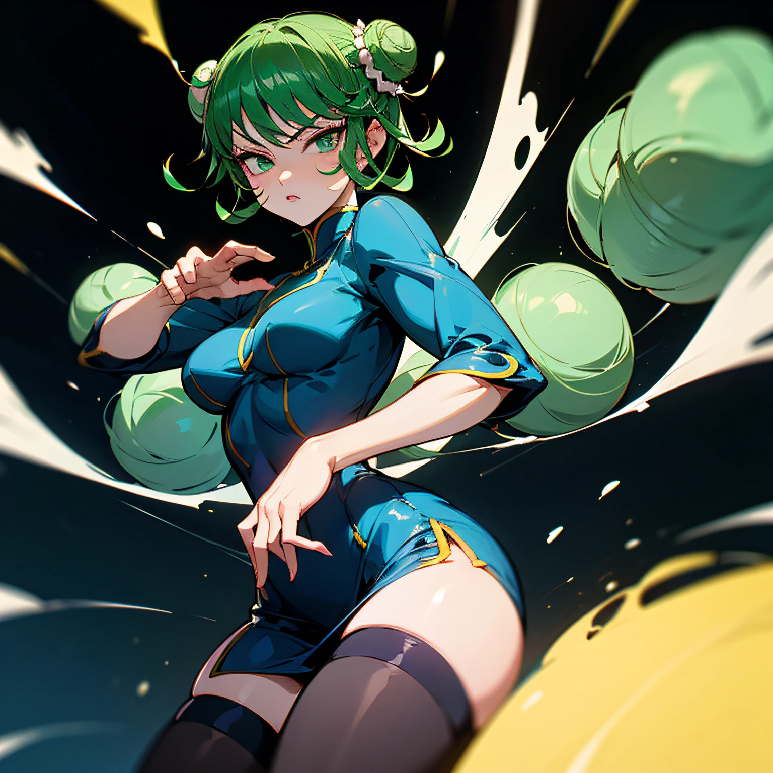 (tatsumaki from one punch man), thick thighs, powerful imagery, ultra, detailed, unreal engine 5, thigh highs, rich colors, tokyo, short hair, bikini, thigh indentation, sexy figure, (detailed) (wallpaper) (cinematic lighting) (sharp focus) (intricate), RAW, tatsumaki from one punch man, tatsumaki, tatsumaki with green curly hair, villain pose, badass pose, neferpitou, villainess, succubus in tight short dress, evil pose, high quality colored sketch, fubuki, rogue anime girl, menacing pose , solo, thick thighs , 4K, 8K , hair in buns in the style of chun-li , hair buns like chun-li from street fighter , hair with buns like chun li from street fighter --auto