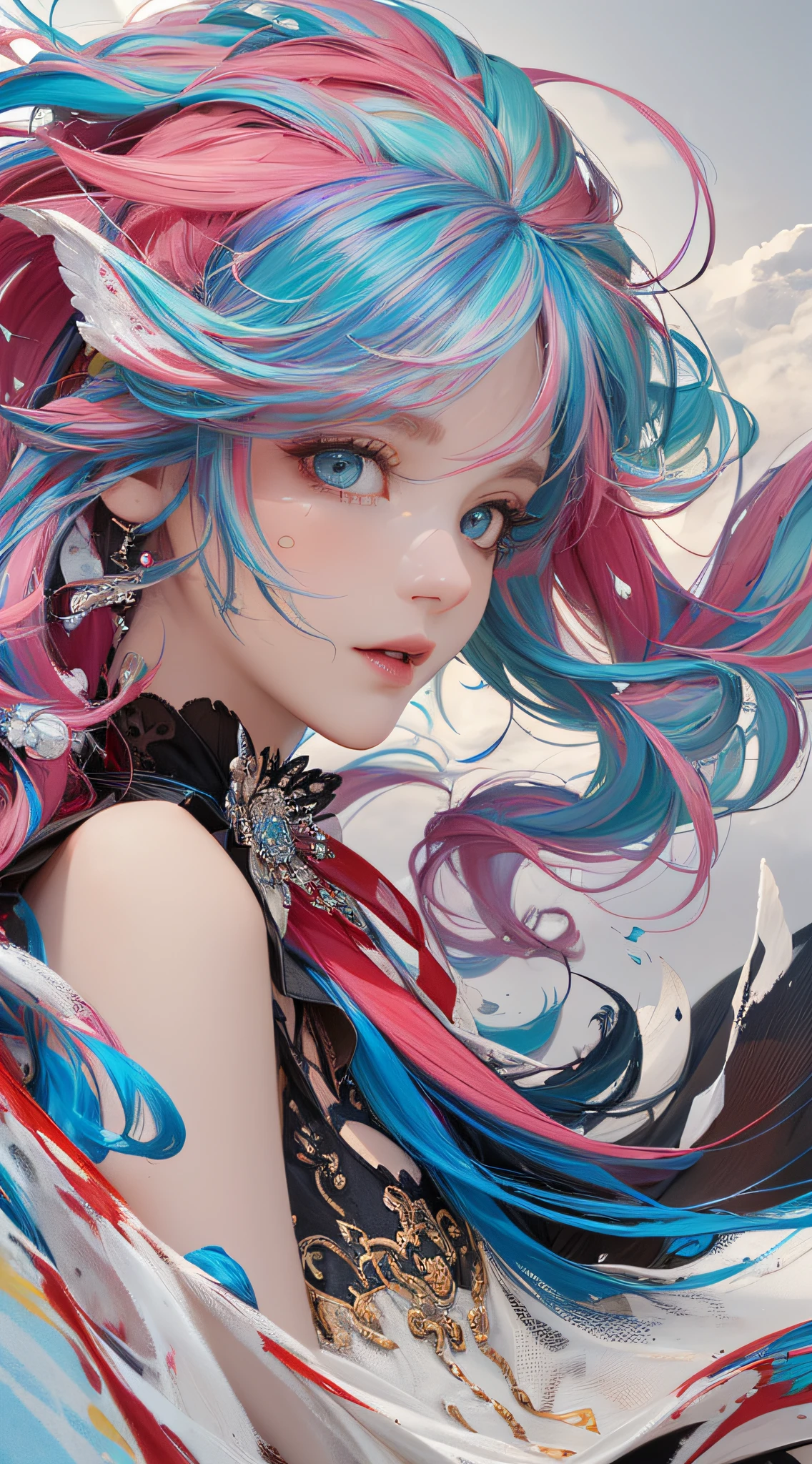 ((((masterpiece))), ((best quality))), ((super detailed)), (illustration), (dynamic angle), ((floating)), (paint), ((loose hair)), (solo), (1girl), (detailed anima face))), ((beautiful detailed face)), ((colored hair)), ((striped hair)), (gradient eyes), (((colored eyes))), (white cloud background))), (((High saturation)))),((Surrounded by colorful splashes)))) Ultra-detailed, beautiful and aesthetic, masterpiece, best quality, most beautiful forms chaotic, elegant, Fauvist design, bright colors, romanticism, Michal Mraz, Adrian Gheny, Petra Cortwright, atmospheric, ecstatic notes, streaming notes visible,