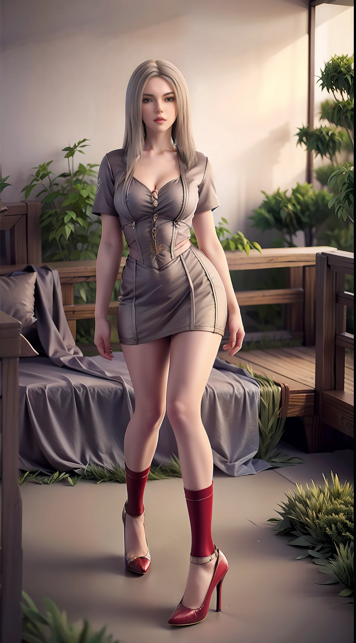 Ultra-high resolution, realistic, photorealistic, imagination, (realistic), composition, (HDR:1.5), intricate details, full body, short sleeves, miniskirt, red stockings, high heels, hands raised above the head, showing the perfect curves of the body, long legs, breasts, red lips,