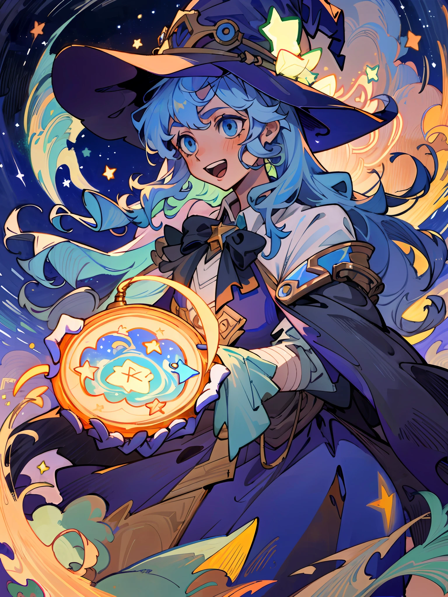 ((masterpiece:1.2, best quality)), 1girl, solo, (witch hat), a close up of a girl with curly hair, dress, aurora, night, star (sky), gloves, sky, dress, night sky, open mouth, starry sky, light blue eyes, ribbons, smile, cape, blue hair, magic, casting spell, night, (impressionism:1.4), alphonse mucha, Halloween colors, colorful candy, casting a spell, magical lights