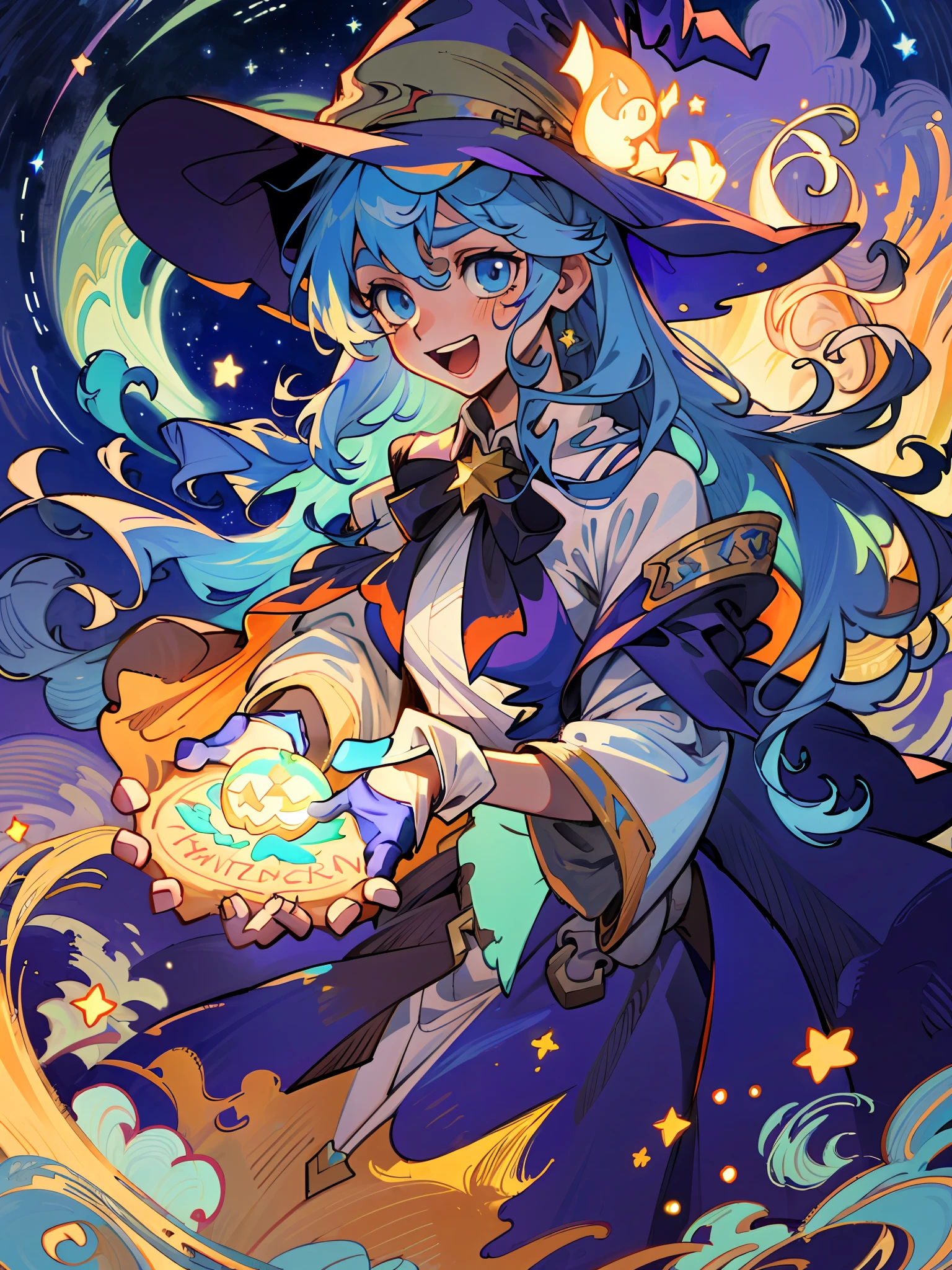 ((masterpiece:1.2, best quality)), 1girl, solo, (witch hat), a close up of a girl with curly hair, dress, aurora, night, star (sky), gloves, sky, dress, night sky, open mouth, starry sky, light blue eyes, ribbons, smile, cape, blue hair, magic, casting spell, night, (impressionism:1.4), alphonse mucha, Halloween colors, colorful candy, casting a spell, magical lights