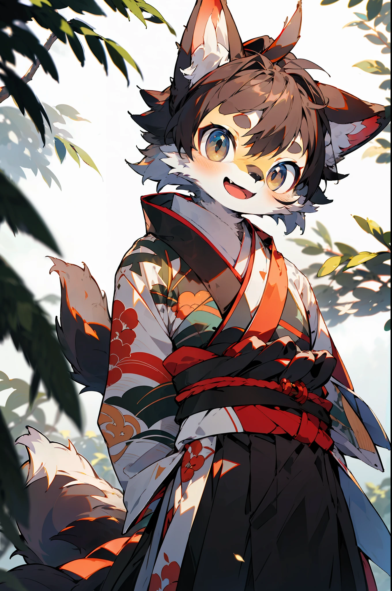 depth of field, perfect lighting, light particles,(best quality),(masterpiece),(ultra detailed),sharp focus,light particles,  niji, eyesgod,  blush, brown_eyes, looking_at_viewer, smile, solo, furry, animal_ear_fluff, open_clothes, arms behind back, upper body, tail, kimono, japanese clothes, sunlight, tree, open mouth,  from below, arms behind back,