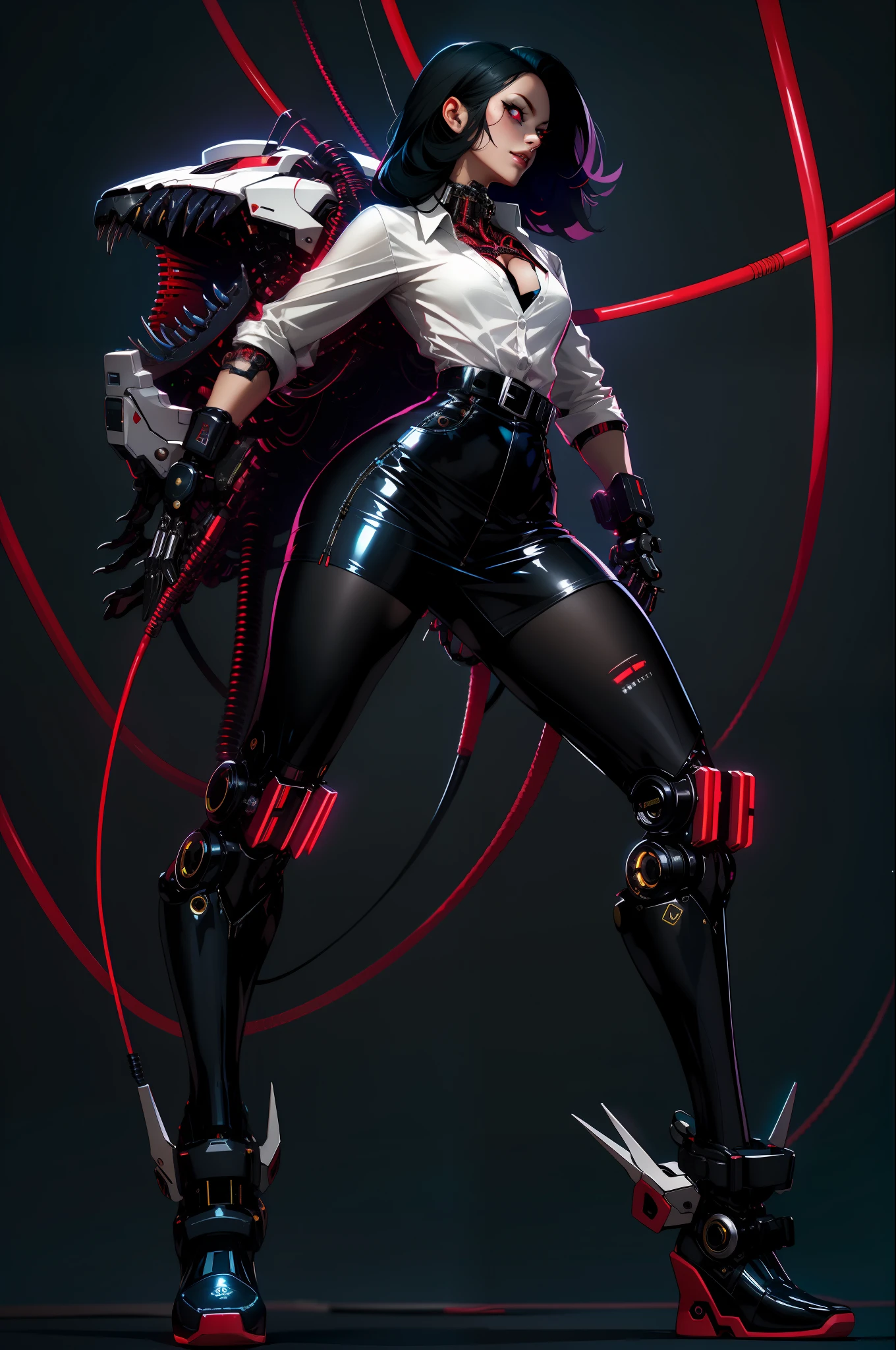 nijistyle, full body of cyborg lady, cybernetic jaw, mechanical parts, white shirt, unbottoned, black latex skirt, metal skin, glowing red eyes, cables, wires, black hair, simple background,