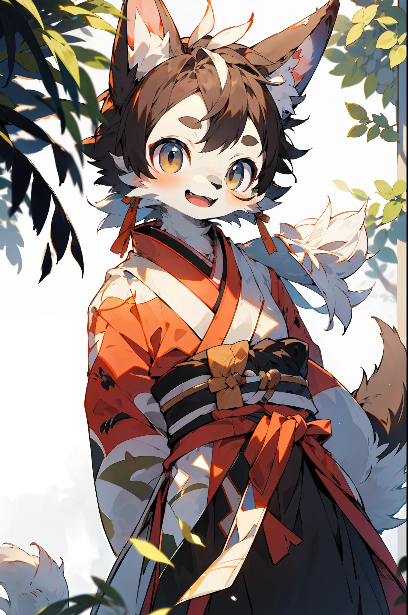 depth of field, perfect lighting, light particles,(best quality),(masterpiece),(ultra detailed),sharp focus,light particles, niji, eyesgod, blush, brown_eyes, looking_at_viewer, smile, solo, furry, animal_ear_fluff, open_clothes, arms behind back, upper body, tail, kimono, japanese clothes, sunlight, tree, open mouth, from below, arms behind back,