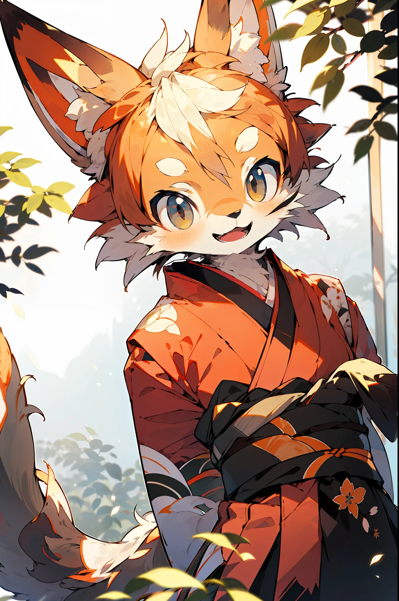 depth of field, perfect lighting, light particles,(best quality),(masterpiece),(ultra detailed),sharp focus,light particles, niji, eyesgod, blush, brown_eyes, looking_at_viewer, smile, solo, furry, animal_ear_fluff, open_clothes, arms behind back, upper body, tail, kimono, japanese clothes, sunlight, tree, open mouth, from below, arms behind back,