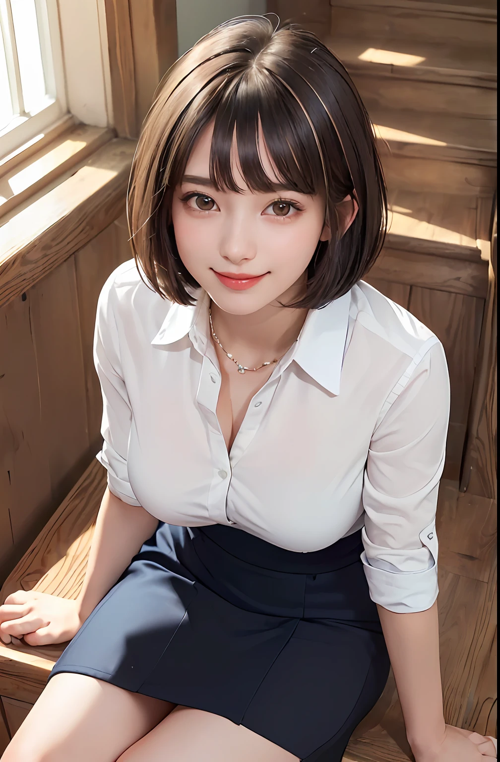 Masterpiece, top quality, ultra high resolution, (photorealistic photo: 1.4), ((1 girl, neat features, white fair skin: 1.4, sitting on the stairs, from below, looking up at the viewer, Cowboy shot, 19 years old, pretty, cute, black hair, bob_cut, short hair with bangs, big breasts)), (navy blue blazer, white shirt, tie, flared skirt), (smile, happy, joyful, cheerful, Close mouth), high detailed eyes, (((School)))), Long neck, (((Short hair with bangs)))), Eyelashes, Big Eyes, (((Very beautiful, Very beautiful)), (((Natural light, staring at the viewer, Seducing the viewer, Colossal, Highlights in the eyes))))