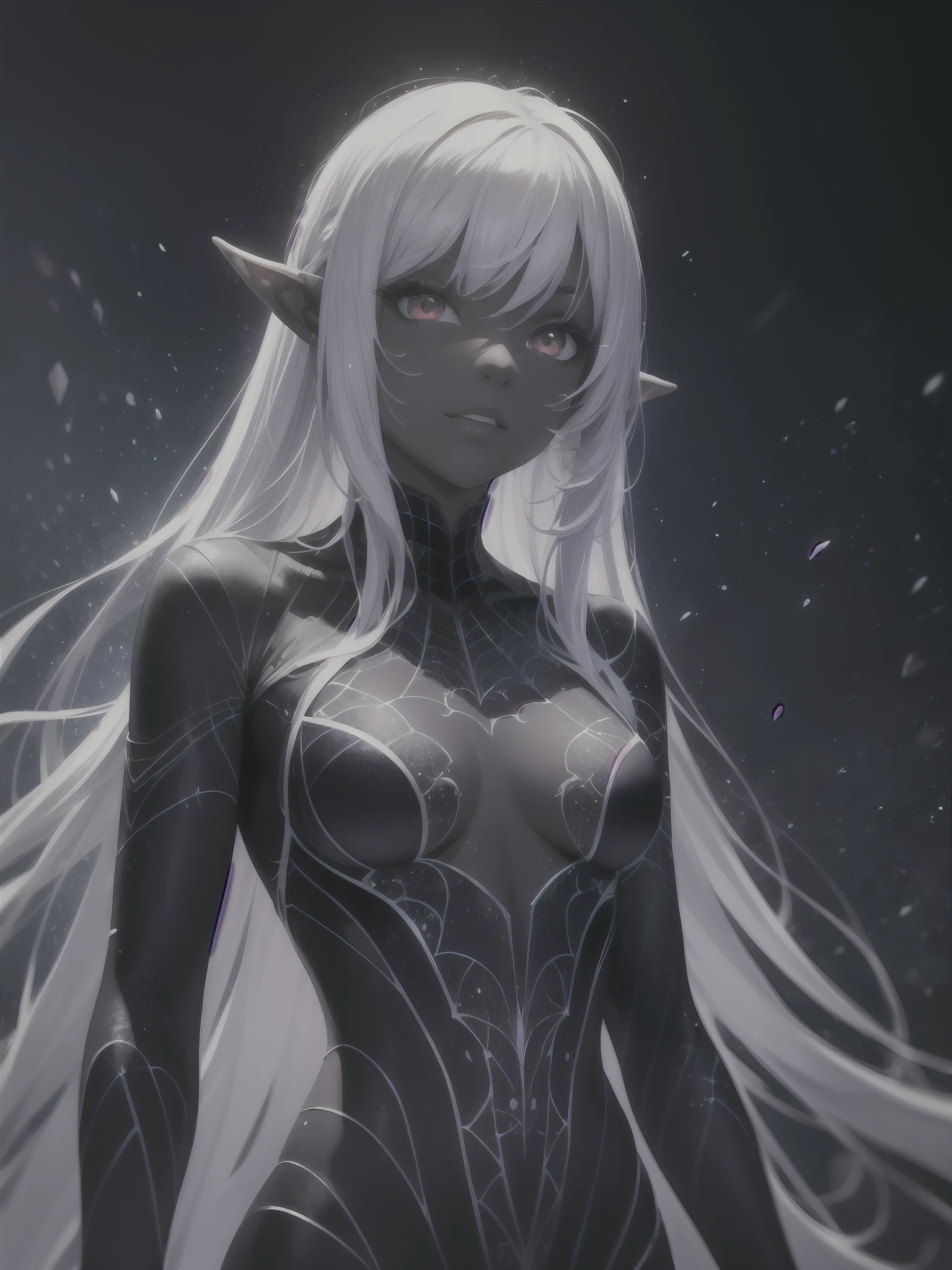 girl in transparent spiders:1.8, smug smile, looking at the viewer, spiderwebs:1.2, blackskin, dark skin, white hair, red eyes, pointy ears, drow, dark elf, fluorescent:1.2, 8k, intricately detailed:1.6, volumetric lighting, god rays, vivid colours, surreal:1.2, starrystarscloudcolorful