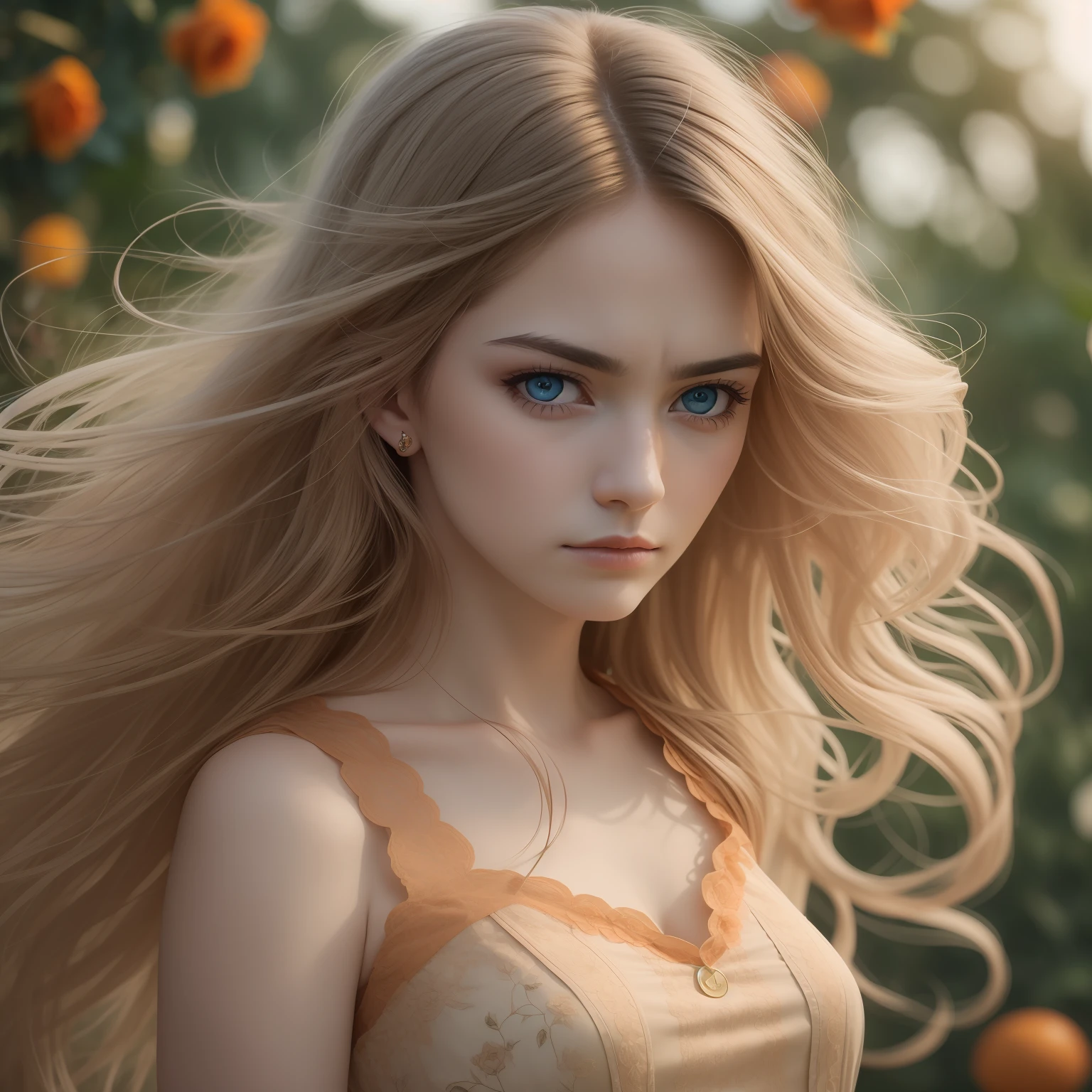 (Masterpiece) 8K resolution, top quality, woman with sad face, beautiful person, thin long eyebrows, orange-beige long hair, hair fluttering in the wind, ash blue eyes, rose garden, model style,
