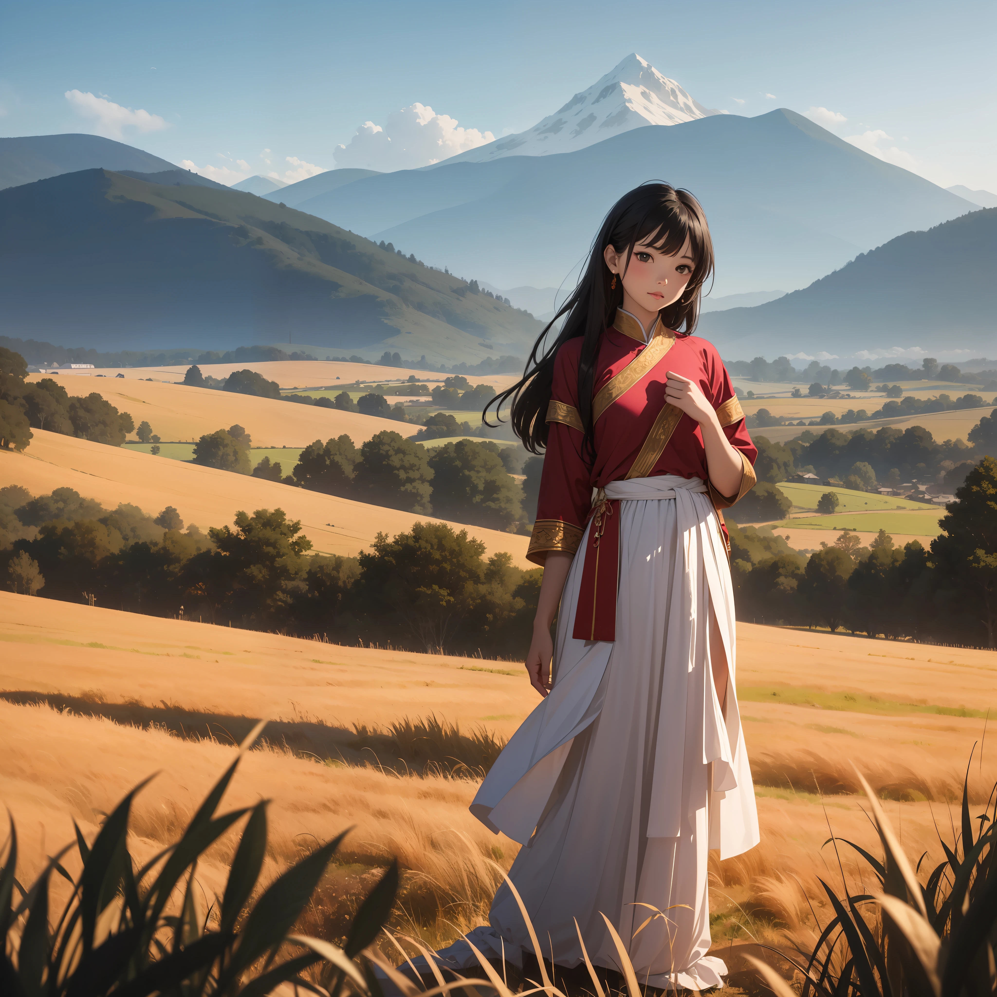 a girls wearing burmese traditional dress, standing beside the Stacked straw, in the field, background mountain, digital artwork