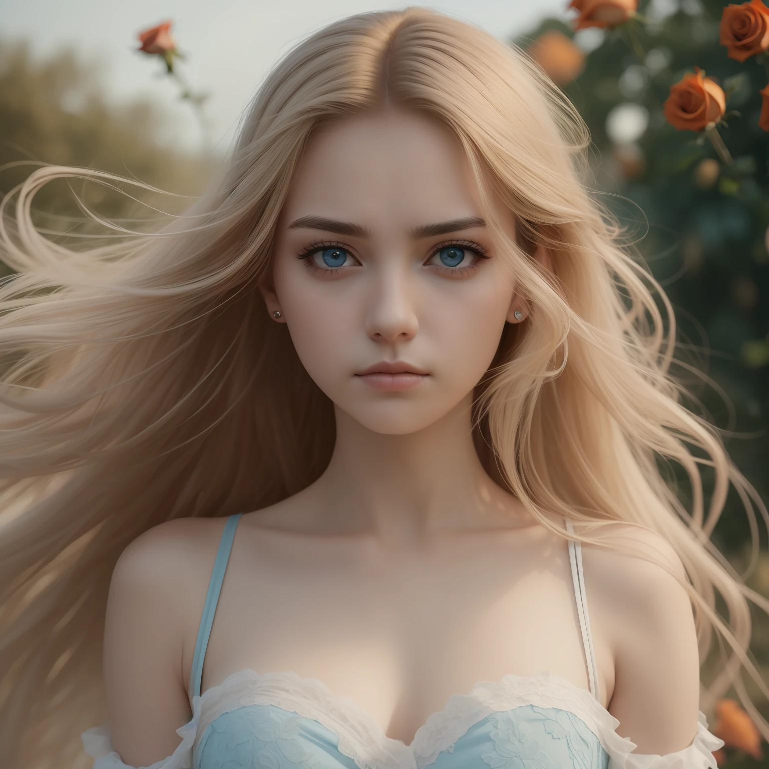 (Masterpiece) 8K resolution, top quality, woman with sad face, beautiful person, thin long eyebrows, orange-beige long hair, hair fluttering in the wind, ash blue eyes, rose garden, model style,